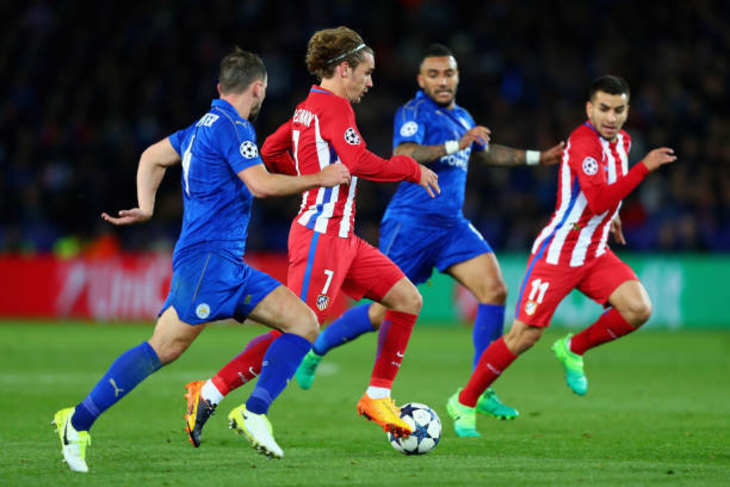LEICESTER, ENGLAND - APRIL 18: Antoine Griezmann of Atletico Madrid runs at the Leicester City defence during the UEFA Champions League Quarter Final second leg match between Leicester City and Club Atletico de Madrid at The King Power Stadium on April 18 LEICESTER, ENGLAND - APRIL 18: Antoine Griezmann of Atletico Madrid runs at the Leicester City defence during the UEFA Champions League Quarter Final second leg match between Leicester City and Club Atletico de Madrid at The King Power Stadium on April 18