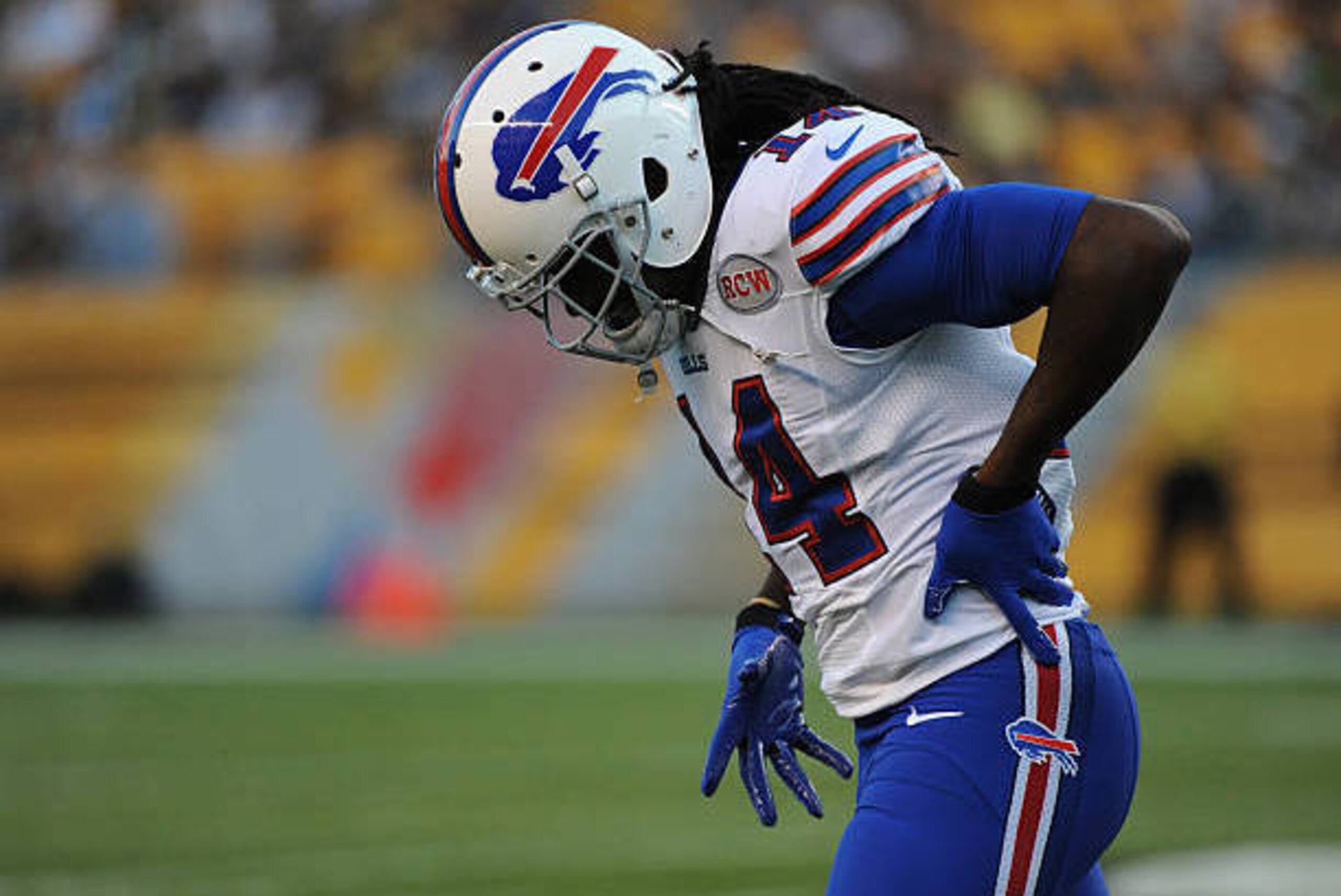 PITTSBURGH, PA - AUGUST 16:  Wide receiver Sammy Watkins #14 of the Buffalo Bills holds his side after sustaining a rib injury during a preseason game against the Pittsburgh Steelers at Heinz Field on August 16, 2014 in Pittsburgh, Pennsylvania.  The Stee