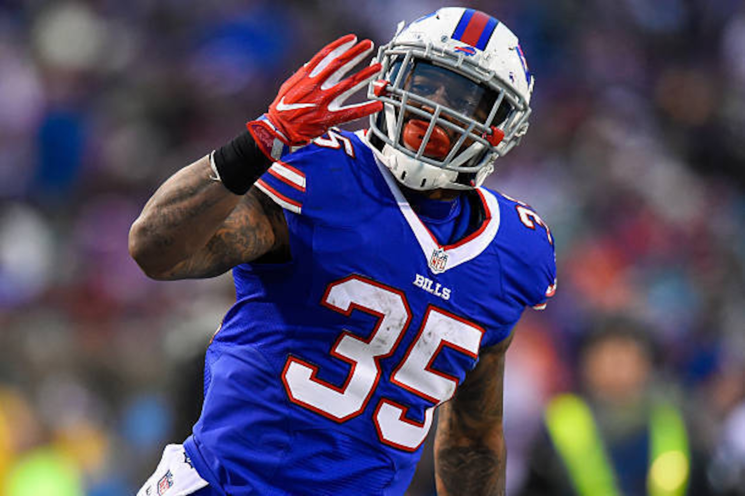 ORCHARD PARK, NY - DECEMBER 24:  Mike Gillislee #35 of the Buffalo Bills reacts following his run against the Miami Dolphins during overtime at New Era Field on December 24, 2016 in Orchard Park, New York. The Miami Dolphins defeated the Buffalo Bills 34-