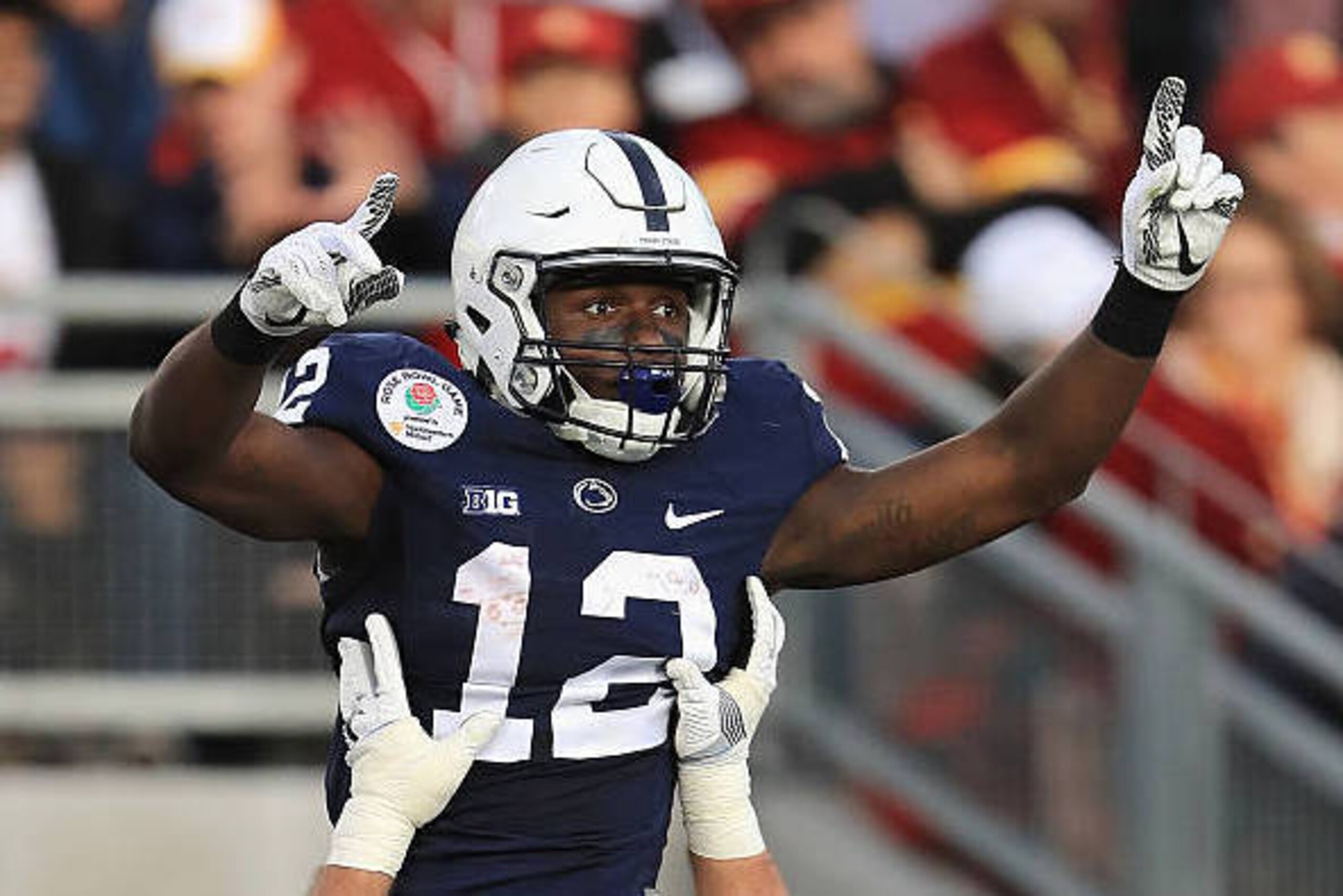 PASADENA, CA - JANUARY 02: Wide receiver Chris Godwin #12 of the Penn State Nittany Lions celebrates after catching a 30-yard touchdown pass in the second quarter against the USC Trojans during the 2017 Rose Bowl Game presented by Northwestern Mutual at PASADENA, CA - JANUARY 02: Wide receiver Chris Godwin #12 of the Penn State Nittany Lions celebrates after catching a 30-yard touchdown pass in the second quarter against the USC Trojans during the 2017 Rose Bowl Game presented by Northwestern Mutual at