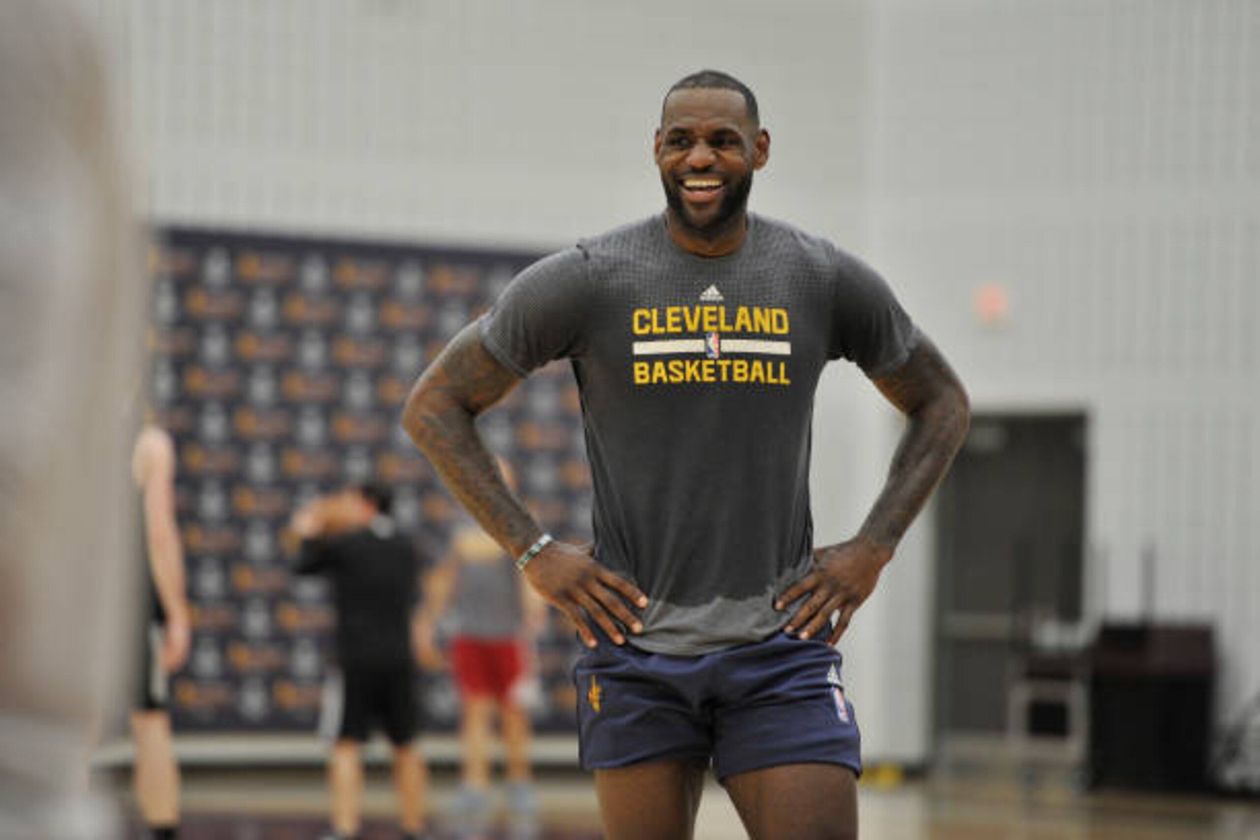 INDEPENDENCE, OH - APRIL 26:  LeBron James #23 of the Cleveland Cavaliers smiles and laughs during an all access practice at The Cleveland Clinic Courts on April 26, 2016 in Independence, Ohio. NOTE TO USER: User expressly acknowledges and agrees that, by