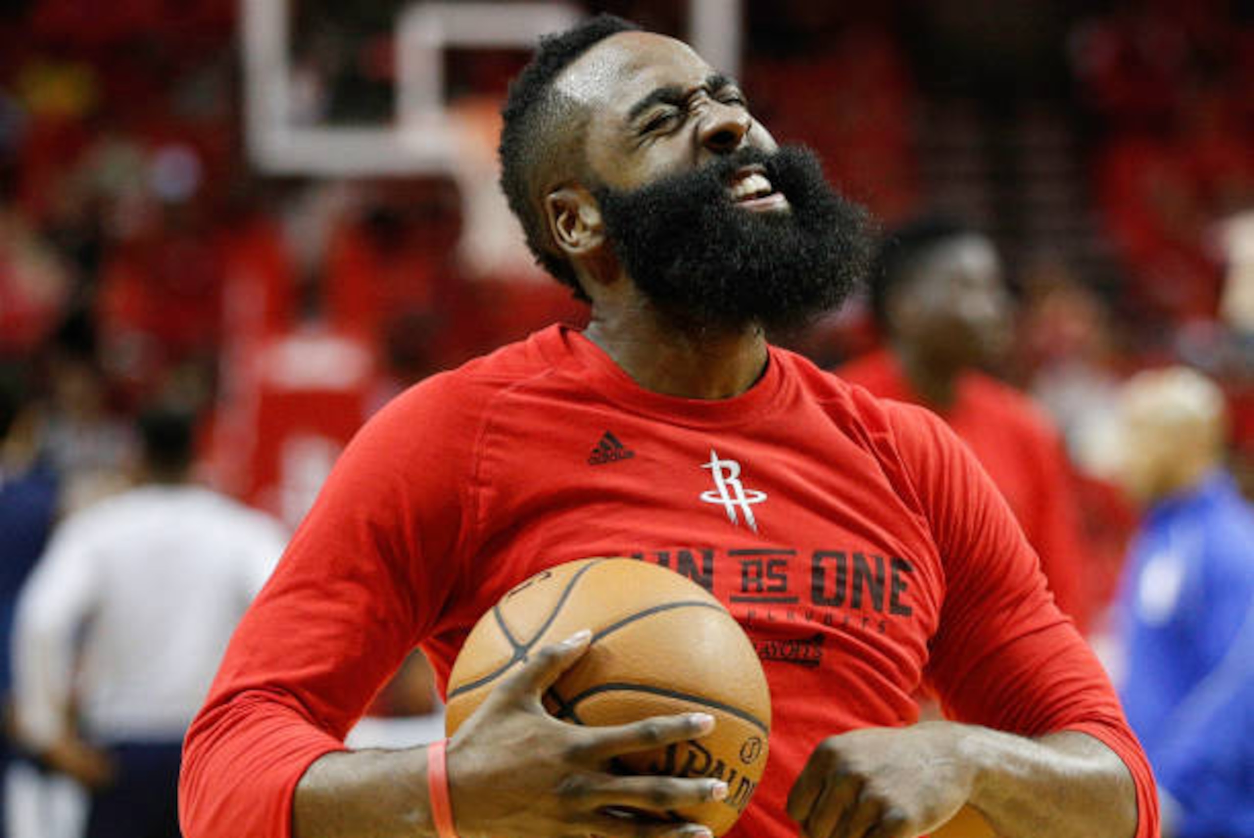 HOUSTON, TX - APRIL 25: James Harden #13 of the Houston Rockets warms up before Game Five of the Western Conference Quarterfinals game of the 2017 NBA Playoffs at Toyota Center on April 25, 2017 in Houston, Texas. NOTE TO USER: User expressly acknowledges