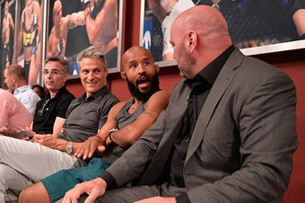 LAS VEGAS, NV - AUGUST 10:  (L-R) UFC flyweight champion Demetrious Johnson sits with UFC President Dana White during the filming of The Ultimate Fighter: Team Benavidez vs Team Cejudo at the UFC TUF Gym on August 10, 2016 in Las Vegas, Nevada. (Photo by 