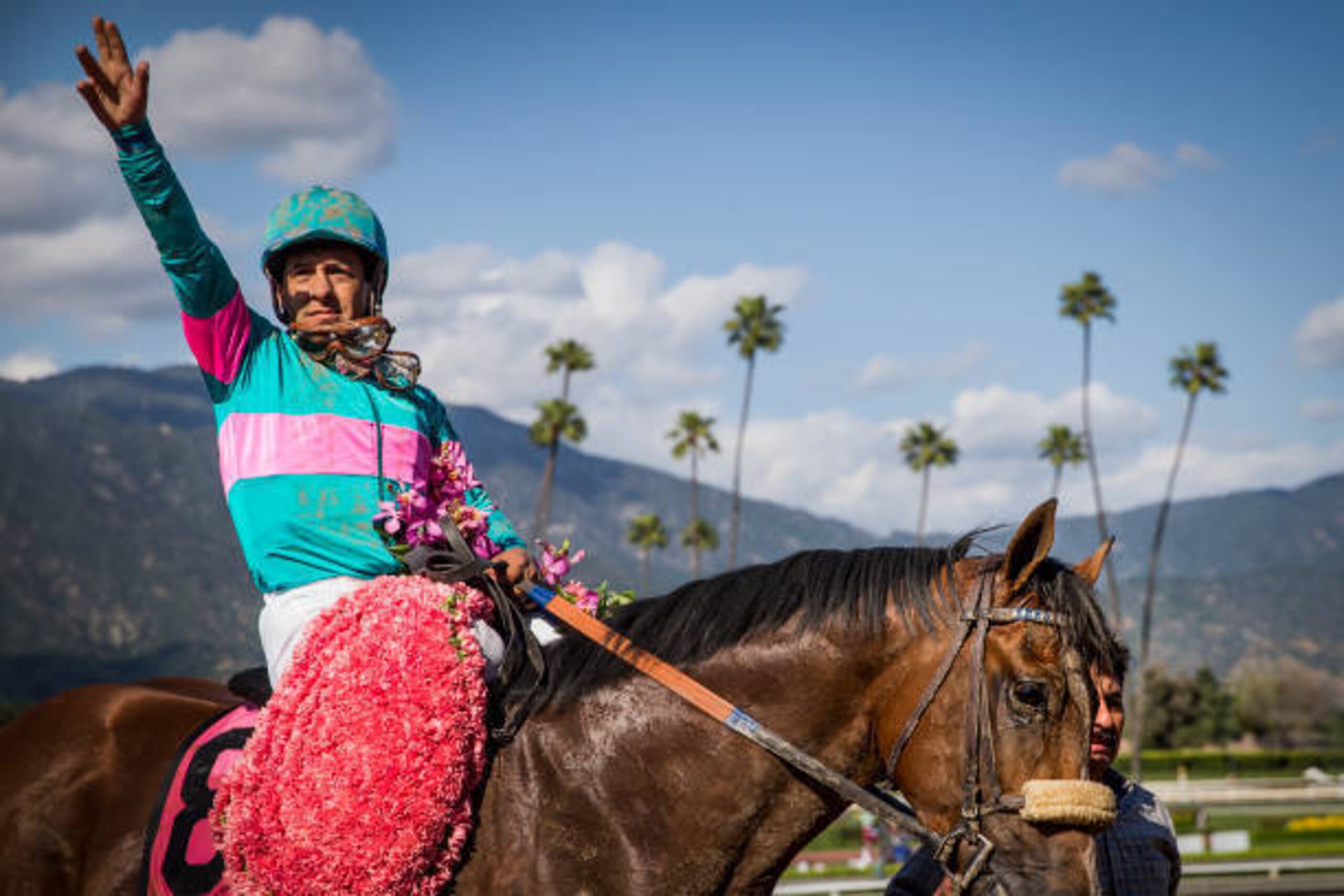 ARCADIA, CA - APRIL 08: Victor Espinoza, aboard Gormley #8, celebrates after winning the Santa Anita Derby at Santa Anita Park on April 8, 2017 in Arcadia, California. (Photo by Alex Evers/Eclipse Sportswire/Getty Images)