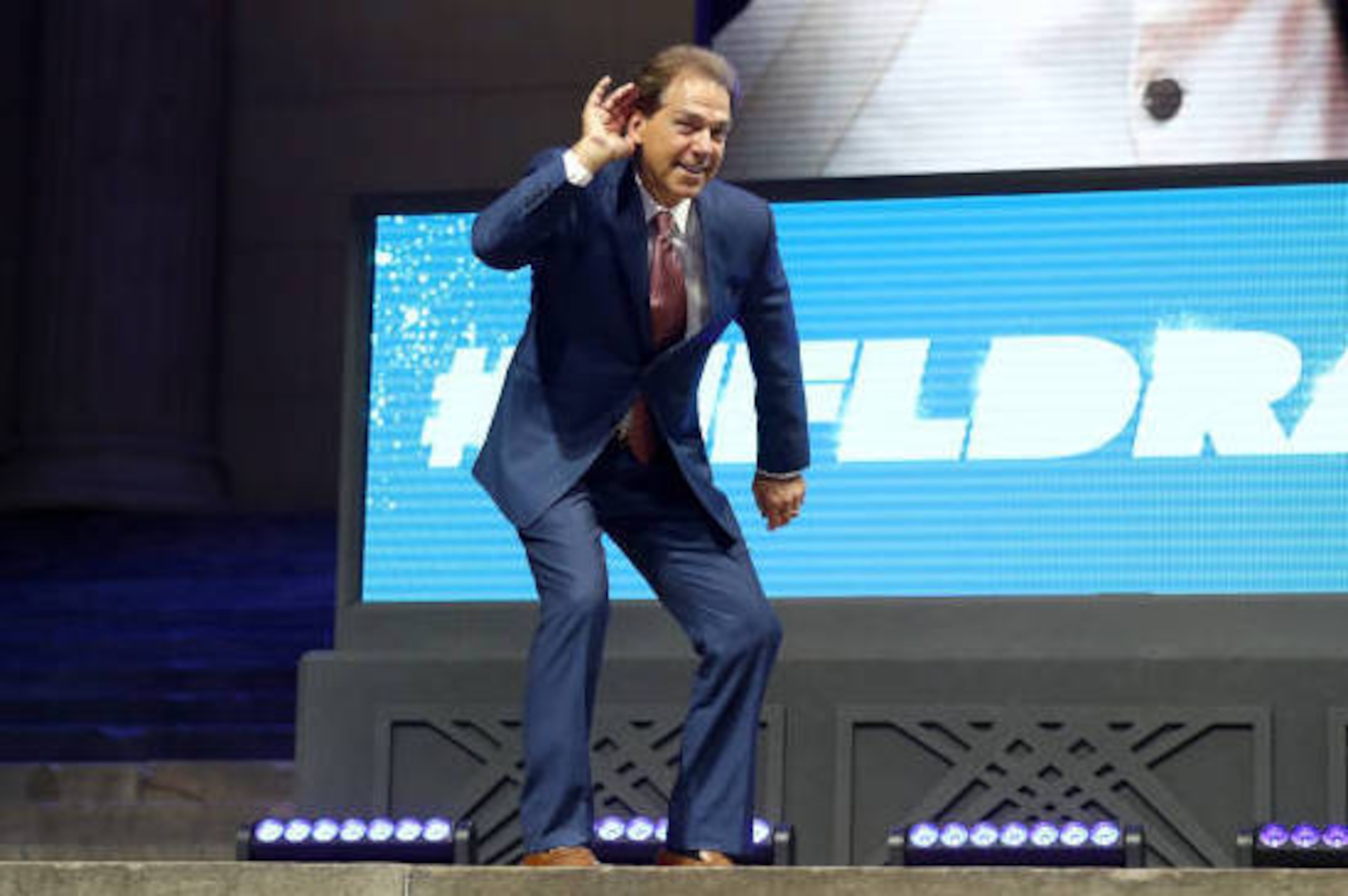 PHILADELPHIA, PA - APRIL 27:  Nick Saban, head football coach at the University of Alabama, walks on stage prior to the first round of the 2017 NFL Draft at the Philadelphia Museum of Art on April 27, 2017 in Philadelphia, Pennsylvania.  (Photo by Elsa/Ge