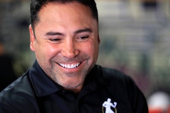 NATIONAL CITY, CA - APRIL 19:  Chairman and CEO of Golden Boy Promotions Oscar de la Hoya looks on during a Open Workout for Canelo Alvarez of Mexico  at the House of Boxing  on April 19, 2017 in National City, California.   Canelo Alvarez fights Julio Ce