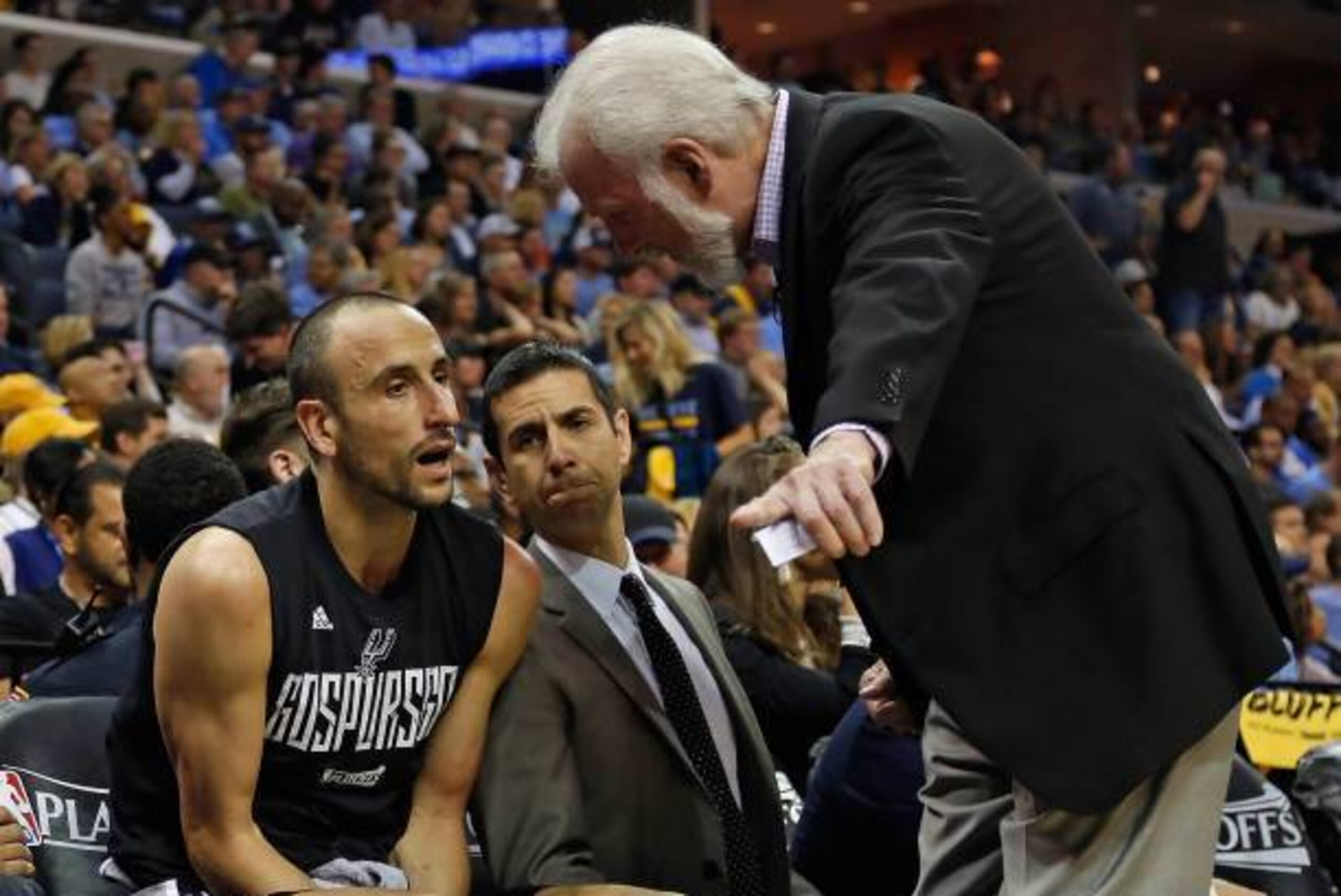 MEMPHIS, TN - APRIL 27:  Head coach Gregg Popovich of the San Antonio Spurs coaches Manu Ginobili #20 during the second half of a 103-96 Spurs victory over the Memphis Grizzlies in Game 6 of the Western Conference Quarterfinals during the 2017 NBA Playoff