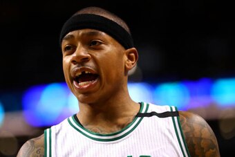 BOSTON, MA - APRIL 30: Isaiah Thomas #4 of the Boston Celtics reacts during the second quarter of Game One of the Eastern Conference Semifinals against the Washington Wizards at TD Garden on April 30, 2017 in Boston, Massachusetts. Thomas lost his front t