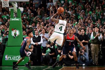 BOSTON, MA - MAY 2: Isaiah Thomas #4 of the Boston Celtics shoots the ball during the game against the Washington Wizards during Game Two of the Eastern Conference Semifinals of the 2017 NBA Playoffs on May 2, 2017 at the TD Garden in Boston, Massachusett