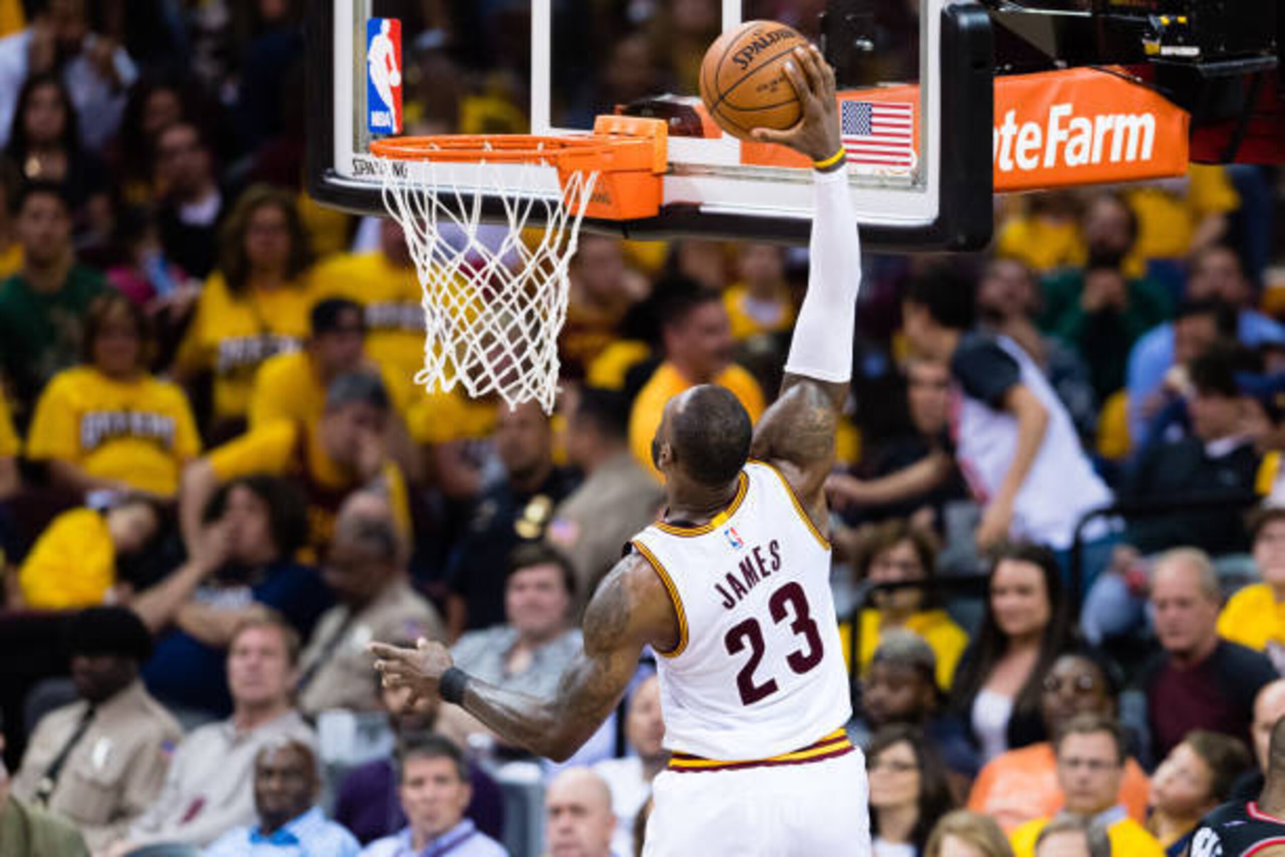 CLEVELAND, OH - MAY 1: LeBron James #23 of the Cleveland Cavaliers dunks during the second half of Game One of the NBA Eastern Conference semifinals against the Toronto Raptors at Quicken Loans Arena on May 1, 2017 in Cleveland, Ohio. The Cavaliers defeat