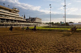 LOUISVILLE, KENTUCKY - MAY 03: Horses exercise in the morning at Churchill Downs on May 3, 2017 in Louisville, Kentucky. (Photo by Jon Durr/Eclipse Sportswire/Getty Images)
