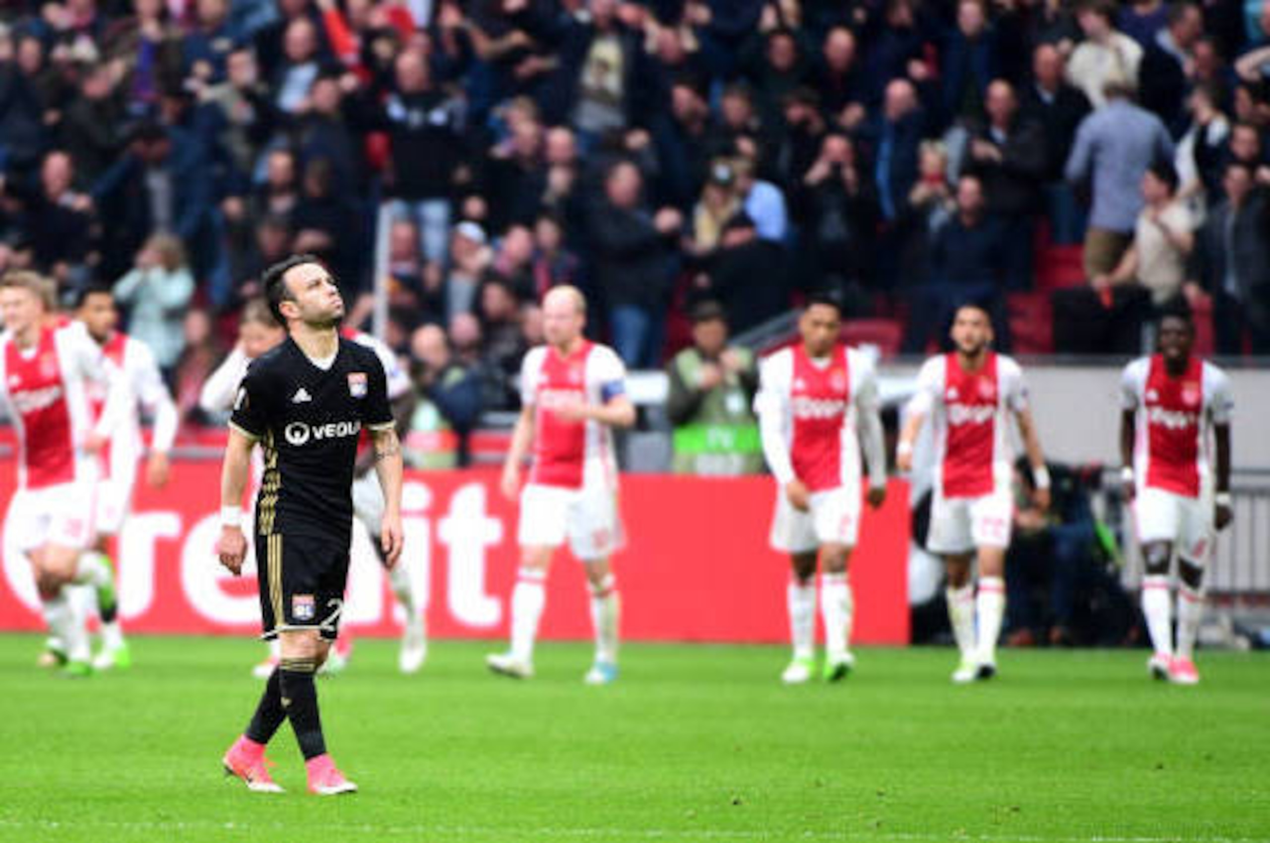 Lyon's French forward Mathieu Valbuena reacts after second goal for Ajax UEFA Europa League semi-final, first leg, Ajax Amsterdam v Olympique Lyonnais (OM) on May 3, 2017 in Amsterdam.  / AFP PHOTO / Emmanuel DUNAND        (Photo credit should read EMMANU