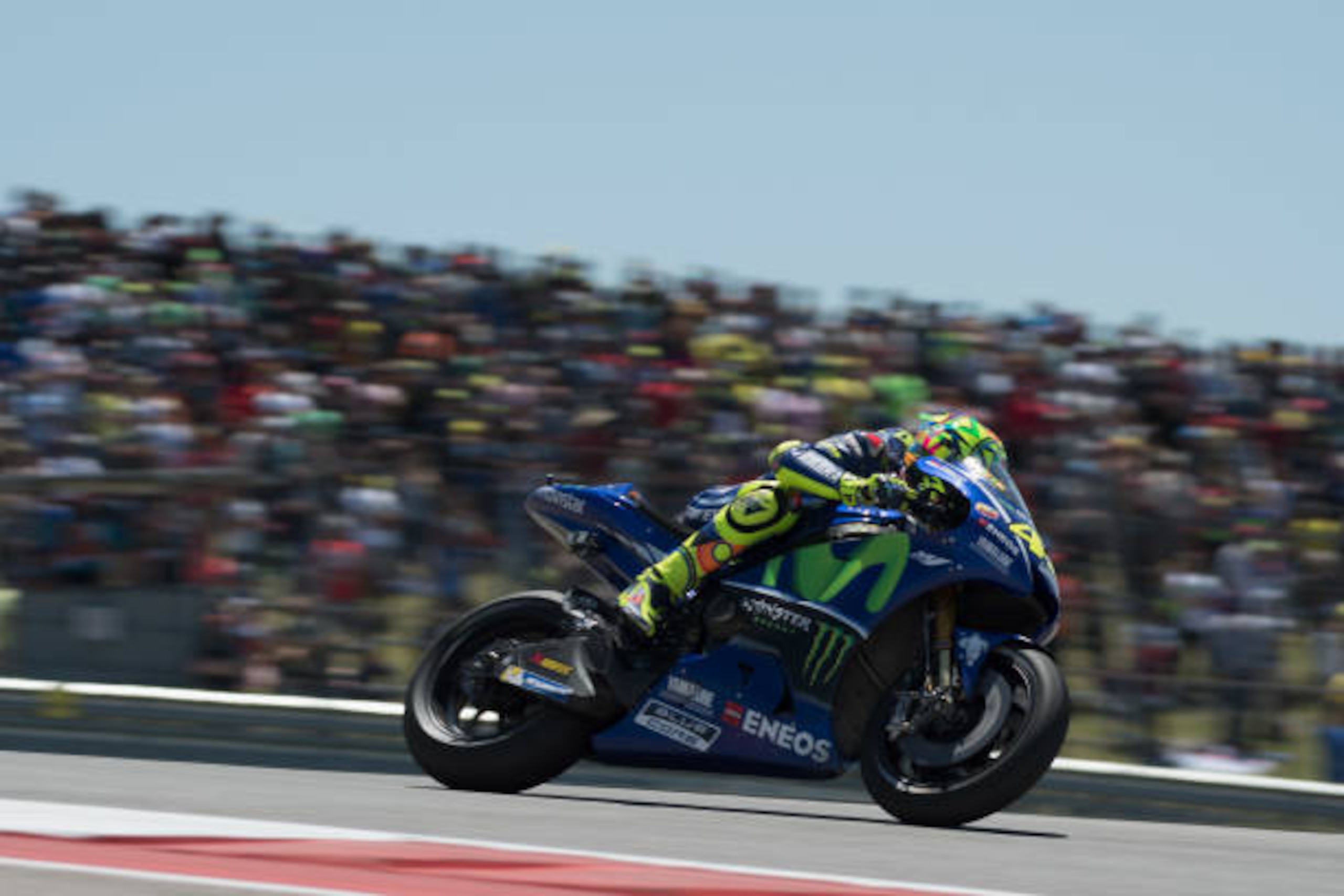 AUSTIN, TX - APRIL 23:  Valentino Rossi of Italy and Movistar Yamaha MotoGP heads down a straight during the MotoGP race during the MotoGp Red Bull U.S. Grand Prix of The Americas - Race at Circuit of The Americas on April 23, 2017 in Austin, Texas.  (Pho