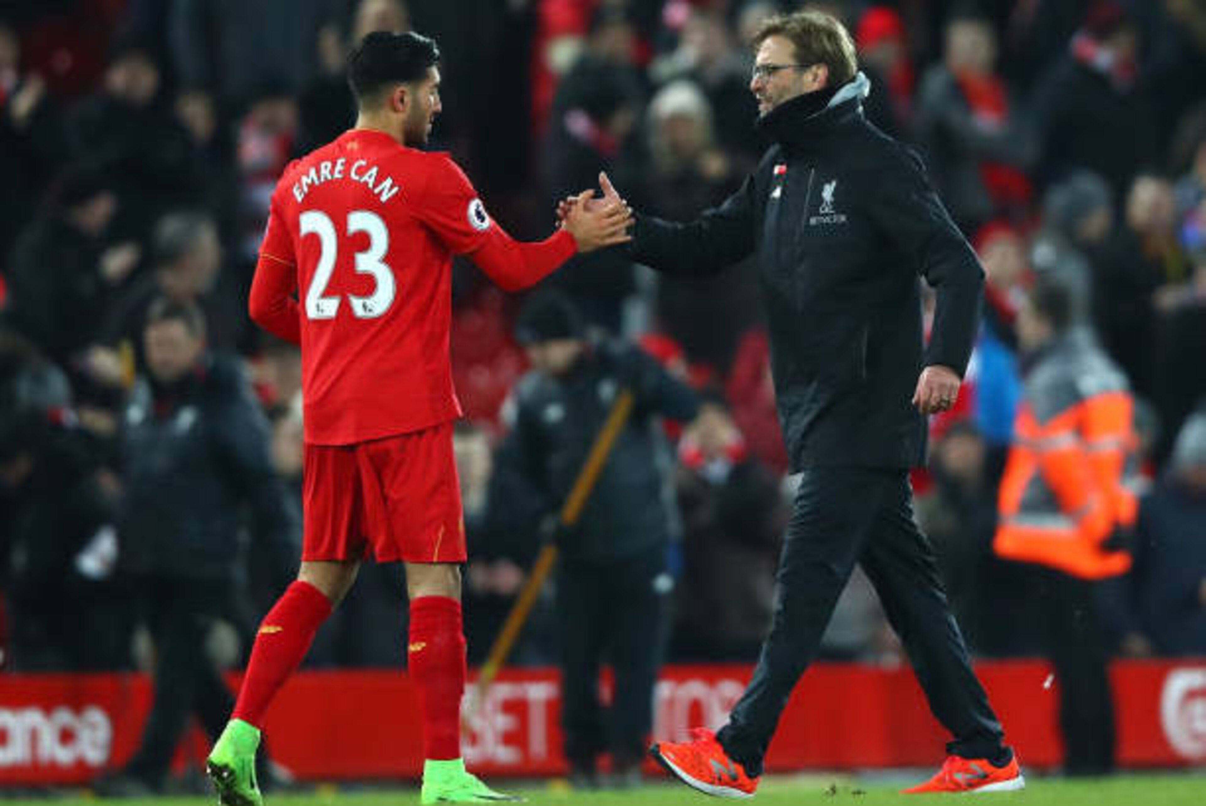 LIVERPOOL, ENGLAND - FEBRUARY 11: Jurgen Klopp, Manager of Liverpool celebrates with Emre Can after the Premier League match between Liverpool and Tottenham Hotspur at Anfield on February 11, 2017 in Liverpool, England.  (Photo by Clive Brunskill/Getty Im