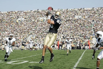 SOUTH BEND, IN - SEPTEMBER 9:  Jeff Samardzija #83 of the Notre Dame Fighting Irish makes a catch against the Penn State Nittany Lions at Notre Dame Stadium on September 9, 2006 in South Bend, Indiana. The Irish defeated the Nittany Lions 41-17. (Photo by