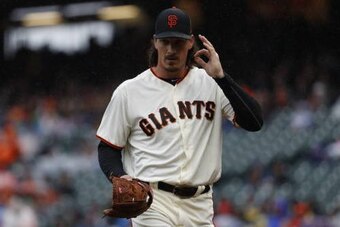 SAN FRANCISCO, CA - APRIL 16: Jeff Samardzija #29 of the San Francisco Giants gestures as he walks back to the dugout during first inning against the Colorado Rockies at AT&T Park on April 16, 2017 in San Francisco, California. (Photo by Stephen Lam/Getty
