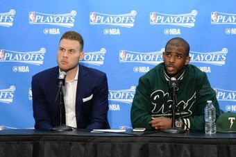 LOS ANGELES, CA - APRIL 15:  Blake Griffin #32 and Chris Paul #3 of the Los Angeles Clippers speak to the media after the game against the Utah Jazz in Game One of Round One during the 2017 NBA Playoffs on April 15, 2017 at STAPLES Center in Los Angeles, 