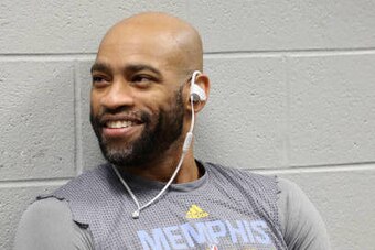 SAN ANTONIO, TX - APRIL 25:  Vince Carter #15 of the Memphis Grizzlies smiles before the game against the San Antonio Spurs during Game Five of the Western Conference Quarterfinals of the 2017 NBA Playoffs on April 25, 2017 at the AT&T Center in San Anton