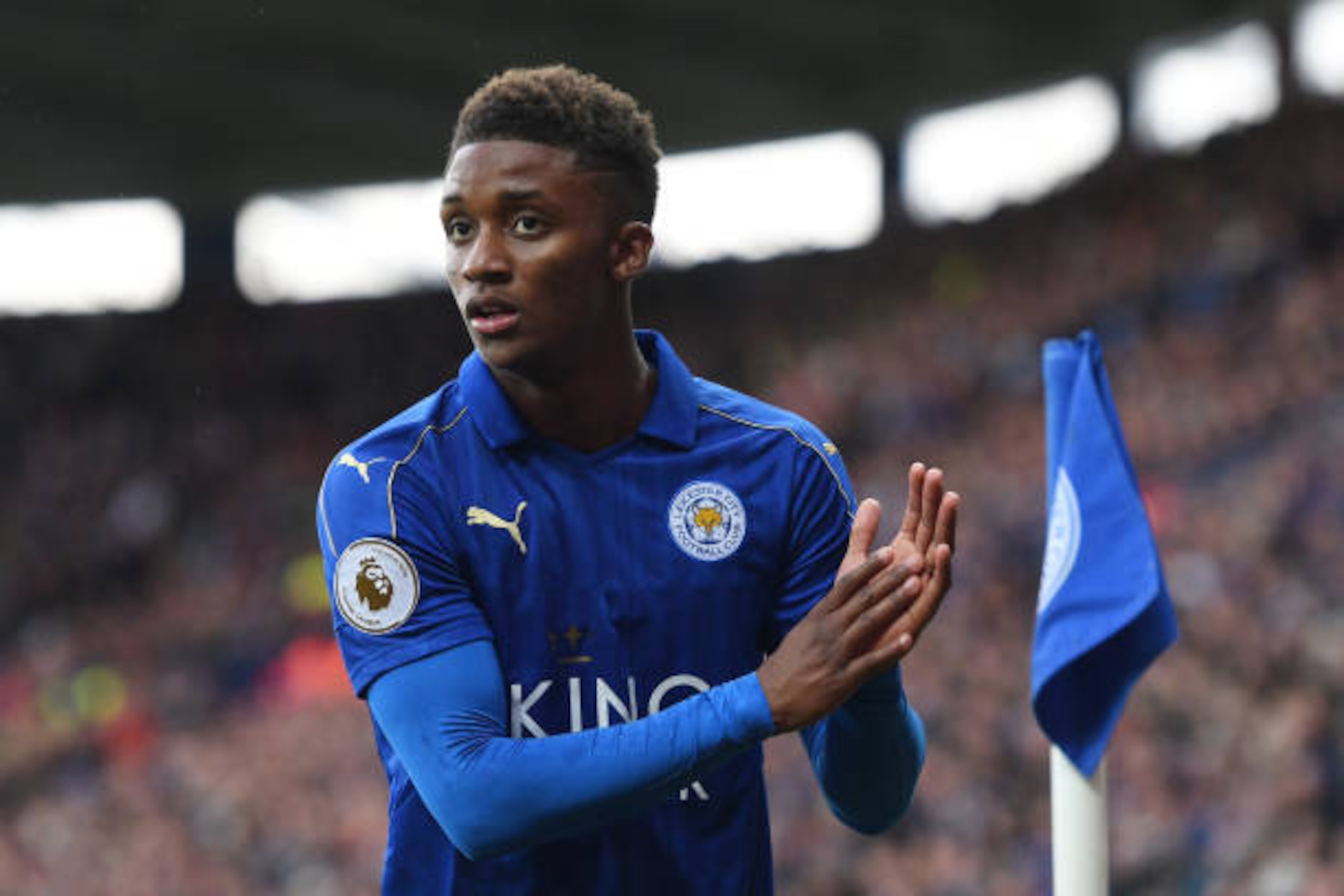 LEICESTER, ENGLAND - APRIL 01: Demarai Gray of Leicester City shows appreciation to the fans during the Premier League match between Leicester City and Stoke City at The King Power Stadium on April 1, 2017 in Leicester, England. (Photo by Michael Regan/G LEICESTER, ENGLAND - APRIL 01: Demarai Gray of Leicester City shows appreciation to the fans during the Premier League match between Leicester City and Stoke City at The King Power Stadium on April 1, 2017 in Leicester, England. (Photo by Michael Regan/G