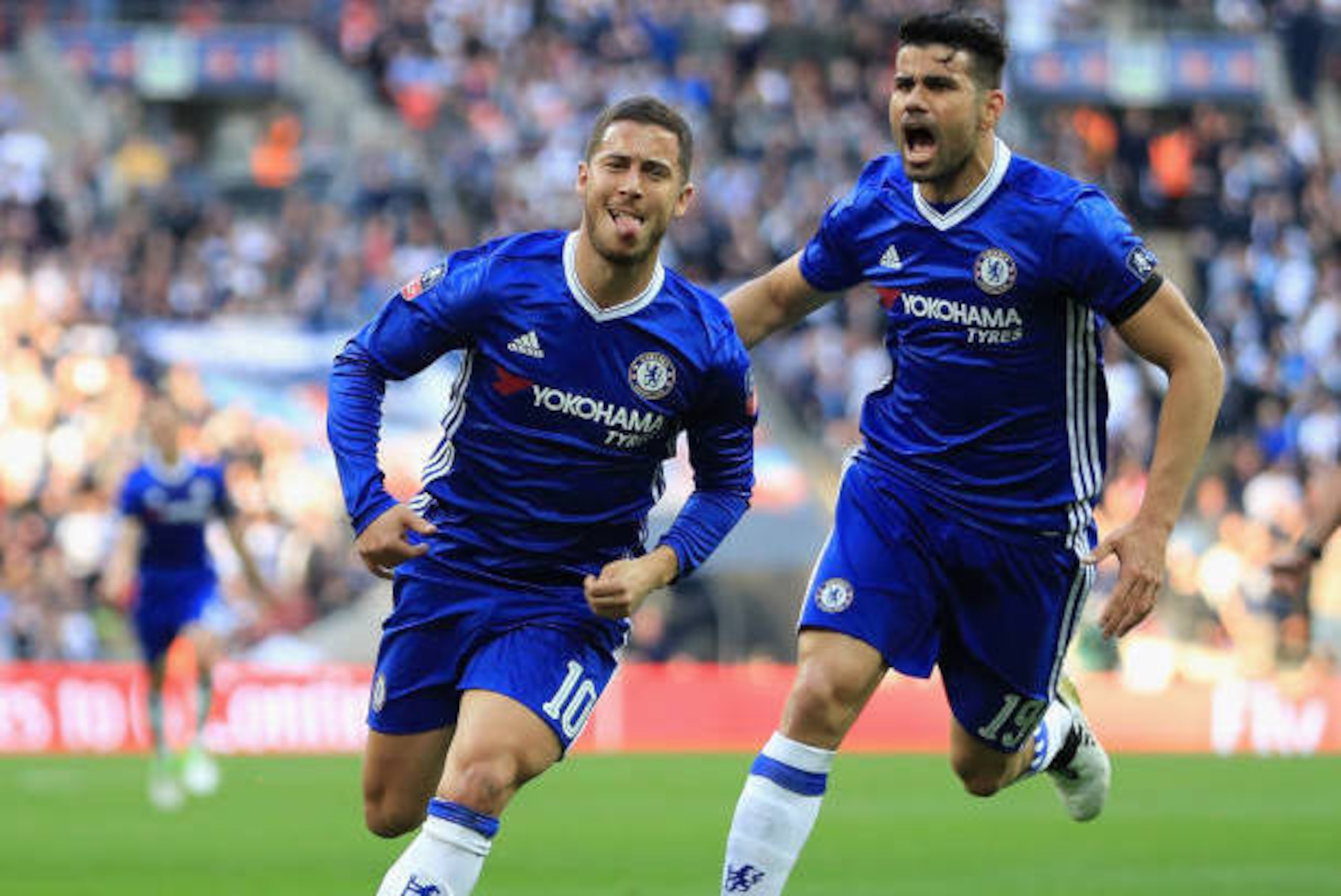 LONDON, ENGLAND - APRIL 22: Eden Hazard of Chelsea celebrates scoring his sides third goal with Diego Costa of Chelsea during The Emirates FA Cup Semi-Final between Chelsea and Tottenham Hotspur at Wembley Stadium on April 22, 2017 in London, England. ( LONDON, ENGLAND - APRIL 22: Eden Hazard of Chelsea celebrates scoring his sides third goal with Diego Costa of Chelsea during The Emirates FA Cup Semi-Final between Chelsea and Tottenham Hotspur at Wembley Stadium on April 22, 2017 in London, England. (