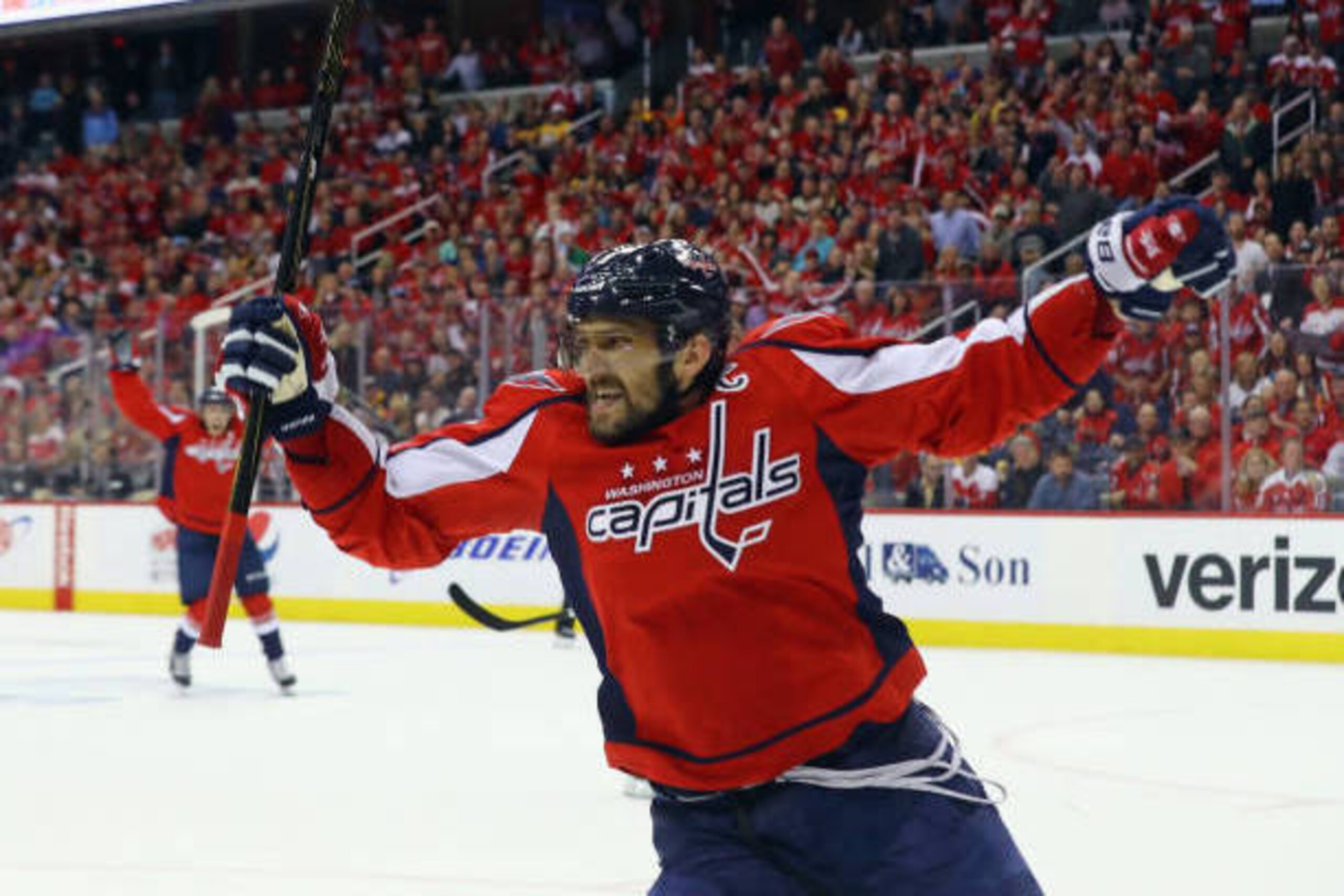 WASHINGTON, DC - MAY 06: Alex Ovechkin #8 of the Washington Capitals scores at 7:47 of the third period against the Pittsburgh Penguins in Game Five of the Eastern Conference Second Round during the 2017 NHL Stanley Cup Playoffs at the Verizon Center on WASHINGTON, DC - MAY 06: Alex Ovechkin #8 of the Washington Capitals scores at 7:47 of the third period against the Pittsburgh Penguins in Game Five of the Eastern Conference Second Round during the 2017 NHL Stanley Cup Playoffs at the Verizon Center on