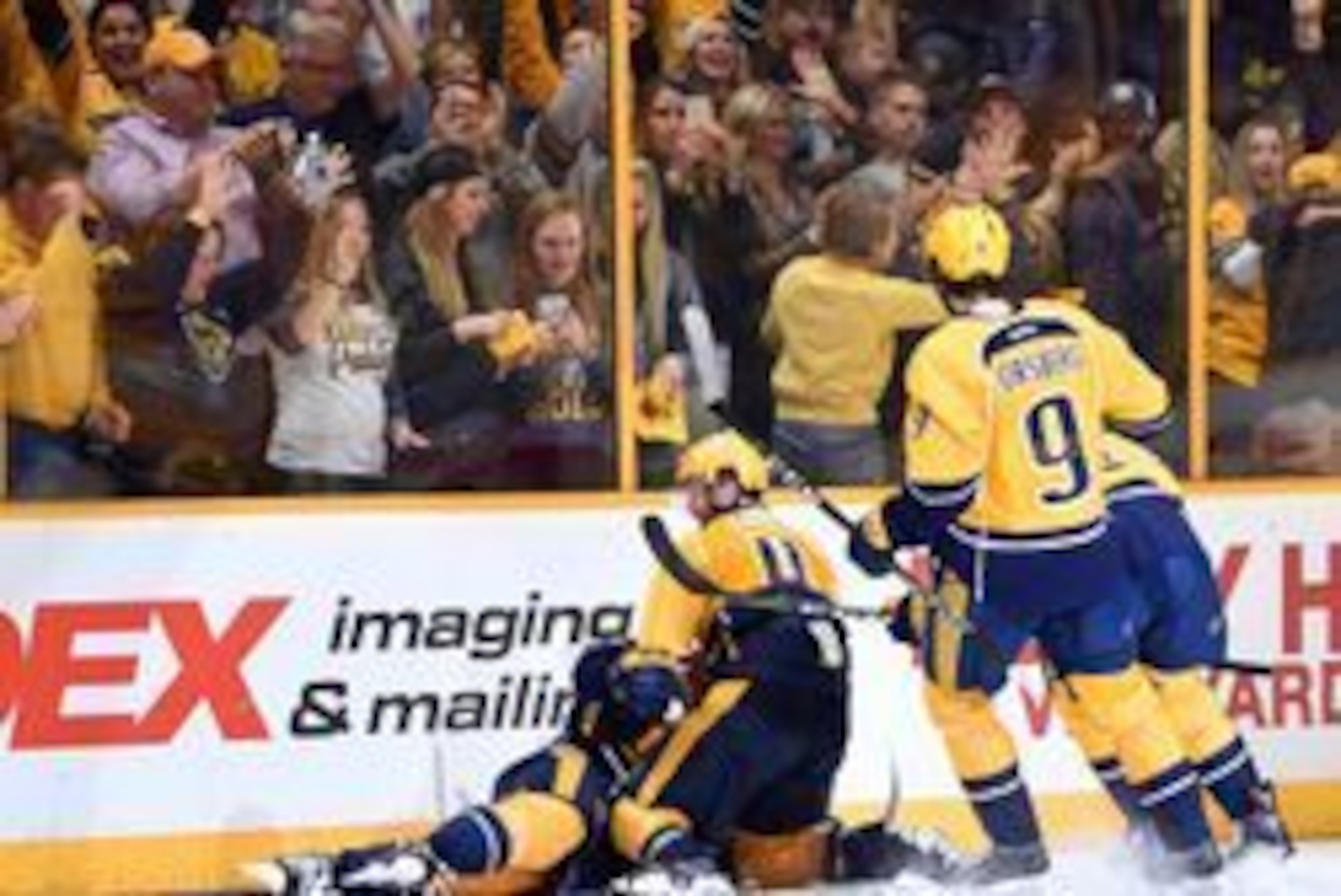 May 2, 2017; Nashville, TN, USA; Nashville Predators right wing James Neal (18) celebrates with defenseman Ryan Ellis (4) after a goal during the third period against the St. Louis Blues in game four of the second round of the 2017 Stanley Cup Playoffs at