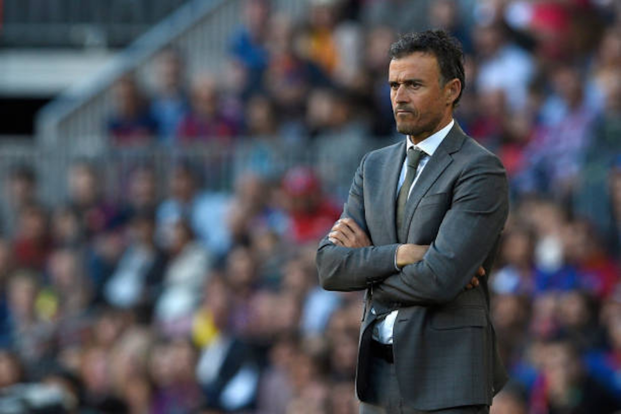 Barcelona's coach Luis Enrique looks on during the Spanish league football match FC Barcelona vs Villarreal CF at the Camp Nou stadium in Barcelona on May 6, 2017. / AFP PHOTO / LLUIS GENE        (Photo credit should read LLUIS GENE/AFP/Getty Images)