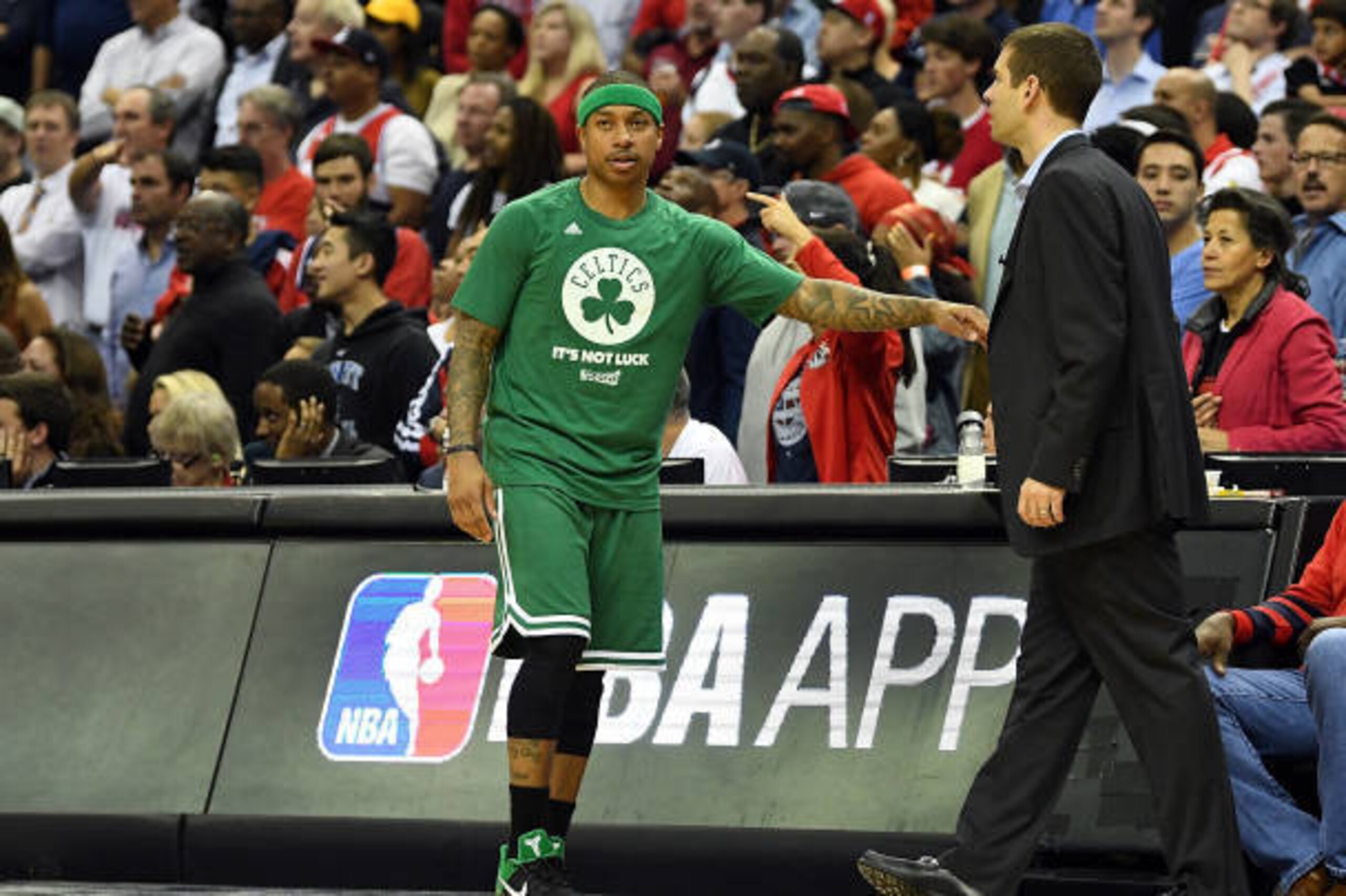 WASHINGTON, DC - MAY 04:  Head coach Brad Stevens of the Boston Celtics is held back by Isaiah Thomas #4 in the fourth quarter against the Washington Wizards in Game Three of the Eastern Conference Semifinals at Verizon Center on May 4, 2017 in Washington