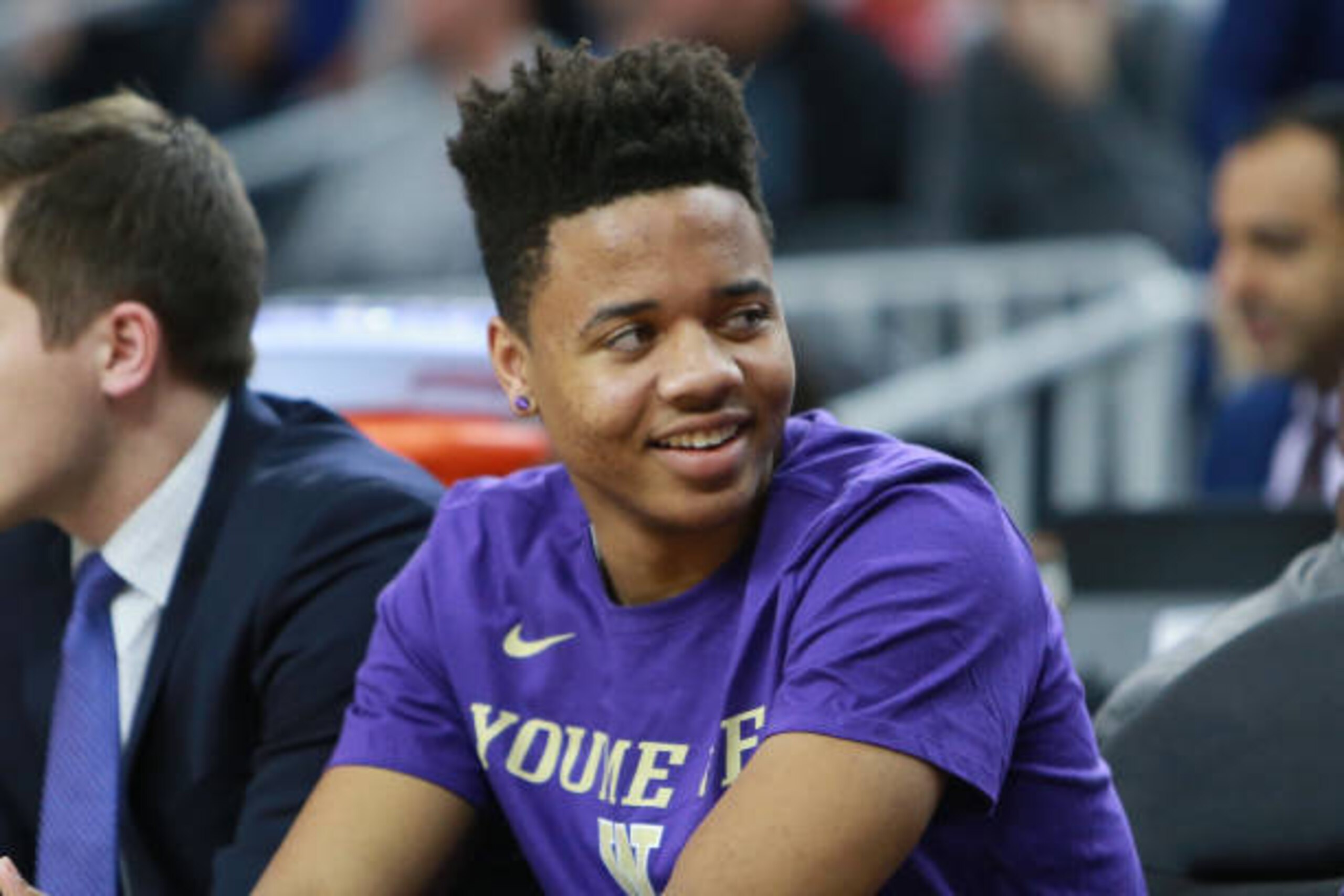 LAS VEGAS, NV - MARCH 08:  Markelle Fultz #20 of the Washington Huskies sits on the bench with an injured ankle against the USC Trojans during a first-round game of the Pac-12 Basketball Tournament at T-Mobile Arena on March 8, 2017 in Las Vegas, Nevada. 
