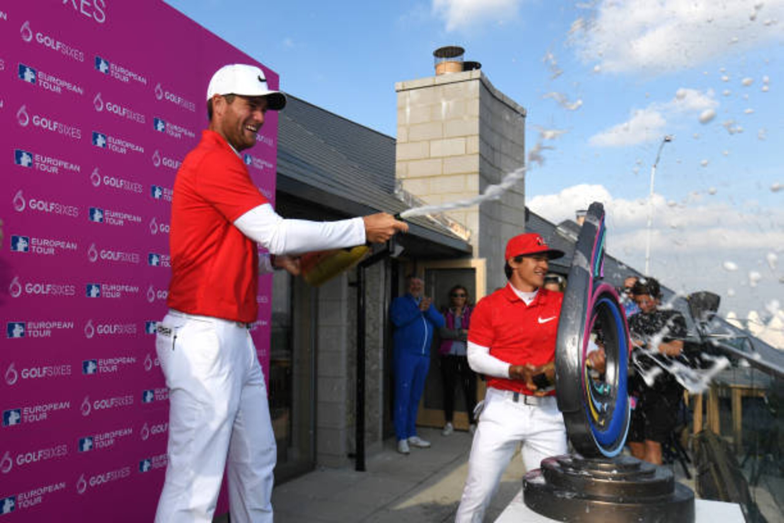 ST ALBANS, ENGLAND - MAY 07: Thorbjorn Olesen and Lucas Bjerregaard of Denmark celebrate victory with champagne after the final match between Denmark and Australia during day two of GolfSixes at The Centurion Club on May 7, 2017 in St Albans, England. ( ST ALBANS, ENGLAND - MAY 07: Thorbjorn Olesen and Lucas Bjerregaard of Denmark celebrate victory with champagne after the final match between Denmark and Australia during day two of GolfSixes at The Centurion Club on May 7, 2017 in St Albans, England. (