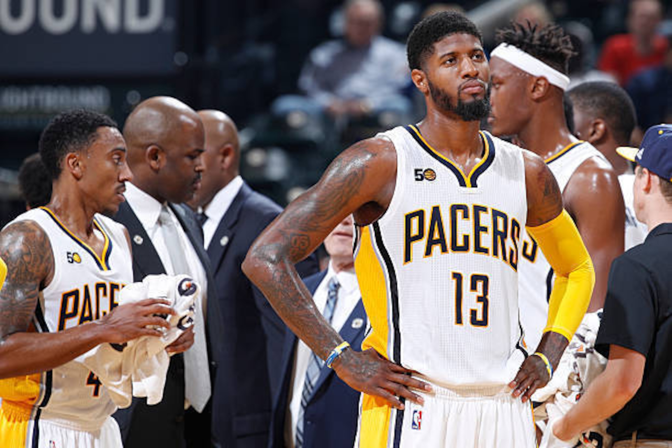 INDIANAPOLIS, IN - NOVEMBER 01: Paul George #13 of the Indiana Pacers looks on against the Los Angeles Lakers during the game at Bankers Life Fieldhouse on November 1, 2016 in Indianapolis, Indiana. The Pacers defeated the Lakers 115-108. NOTE TO USER: Us