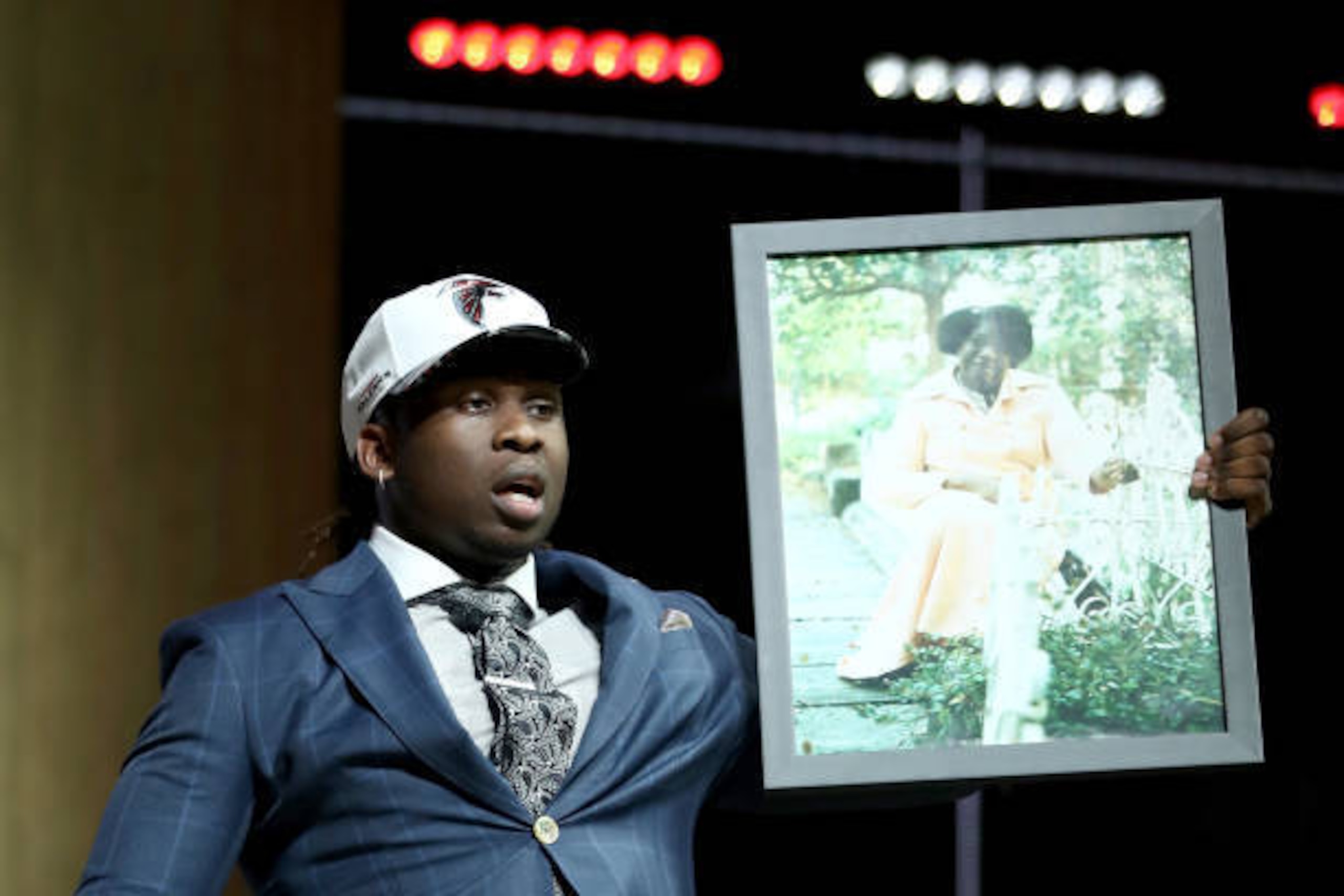 PHILADELPHIA, PA - APRIL 27:  Takkarist McKinley of UCLA reacts after being picked #26 overall by the Atlanta Falcons during the first round of the 2017 NFL Draft at the Philadelphia Museum of Art on April 27, 2017 in Philadelphia, Pennsylvania.  (Photo b