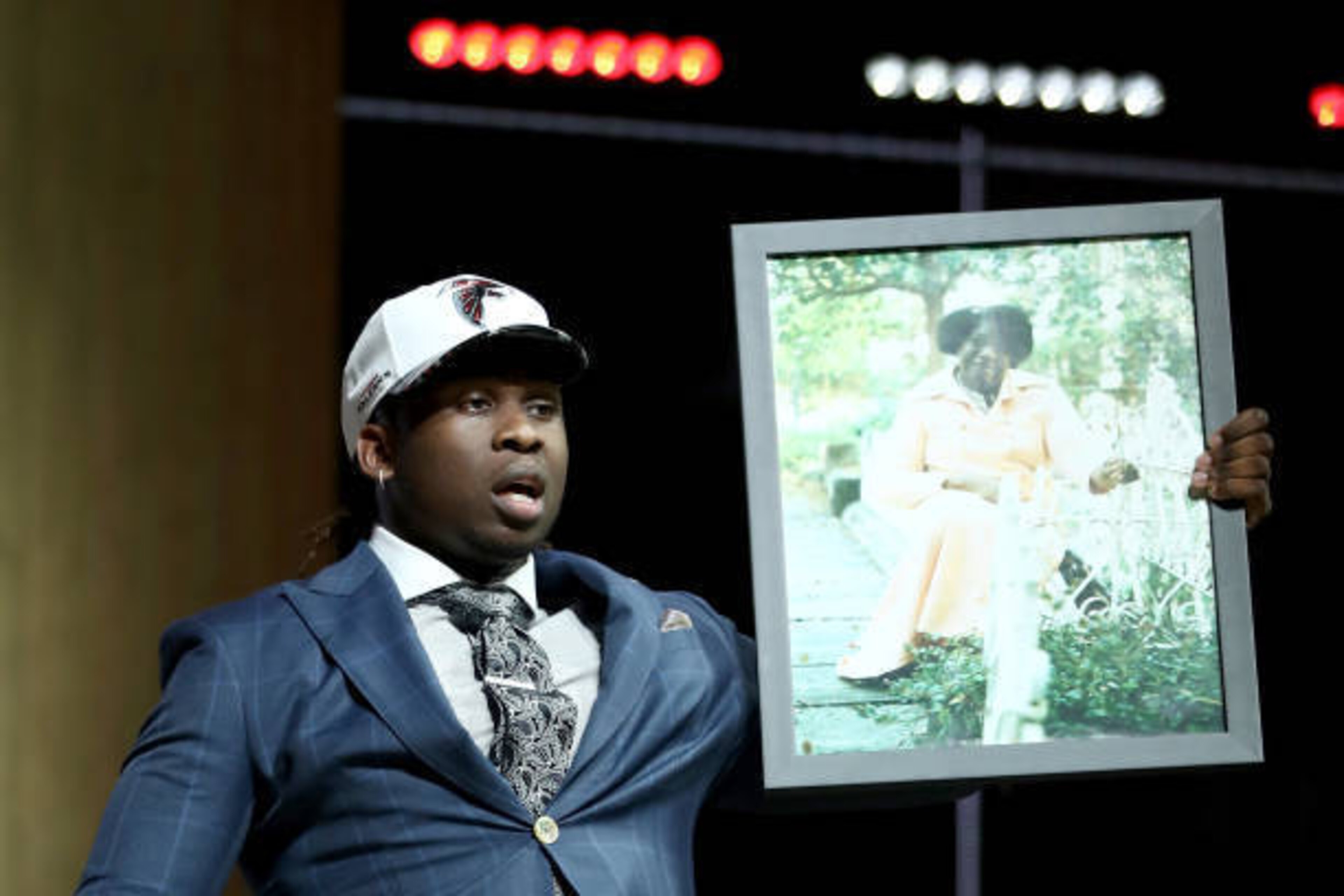 PHILADELPHIA, PA - APRIL 27: Takkarist McKinley of UCLA reacts after being picked #26 overall by the Atlanta Falcons during the first round of the 2017 NFL Draft at the Philadelphia Museum of Art on April 27, 2017 in Philadelphia, Pennsylvania. (Photo b PHILADELPHIA, PA - APRIL 27: Takkarist McKinley of UCLA reacts after being picked #26 overall by the Atlanta Falcons during the first round of the 2017 NFL Draft at the Philadelphia Museum of Art on April 27, 2017 in Philadelphia, Pennsylvania. (Photo b