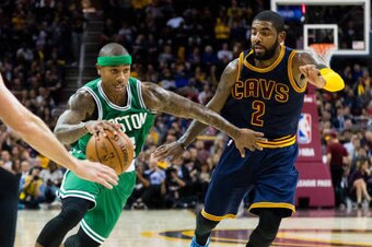 CLEVELAND, OH - NOVEMBER 03: Isaiah Thomas #4 of the Boston Celtics drives past Kyrie Irving #2 of the Cleveland Cavaliers during the second half at Quicken Loans Arena on November 3, 2016 in Cleveland, Ohio. The Cavaliers defeated the 128-122. NOTE TO US