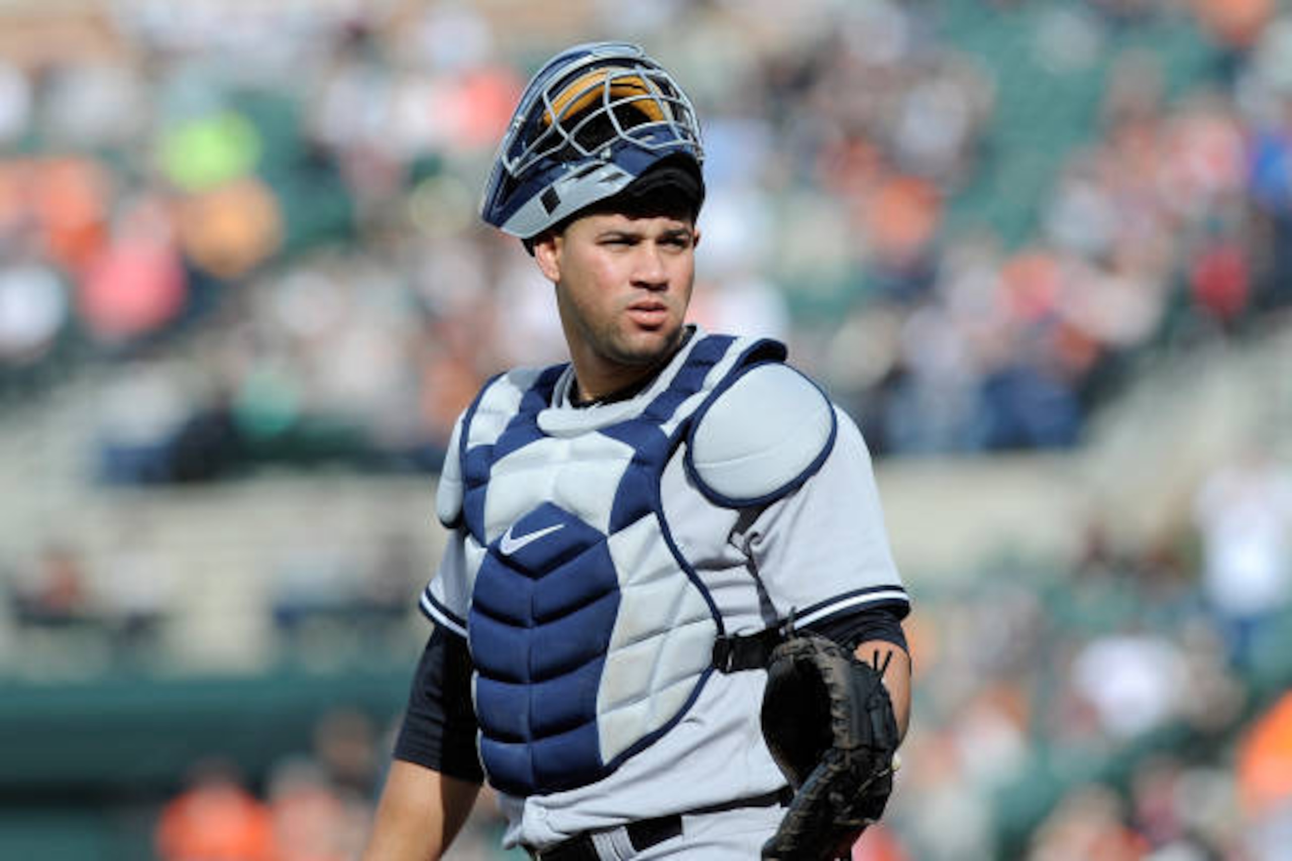BALTIMORE, MD - APRIL 08:  Gary Sanchez #24 of the New York Yankees catches against the Baltimore Orioles at Oriole Park at Camden Yards on April 8, 2017 in Baltimore, Maryland.  (Photo by G Fiume/Getty Images) *** Local Caption ***Gary Sanchez