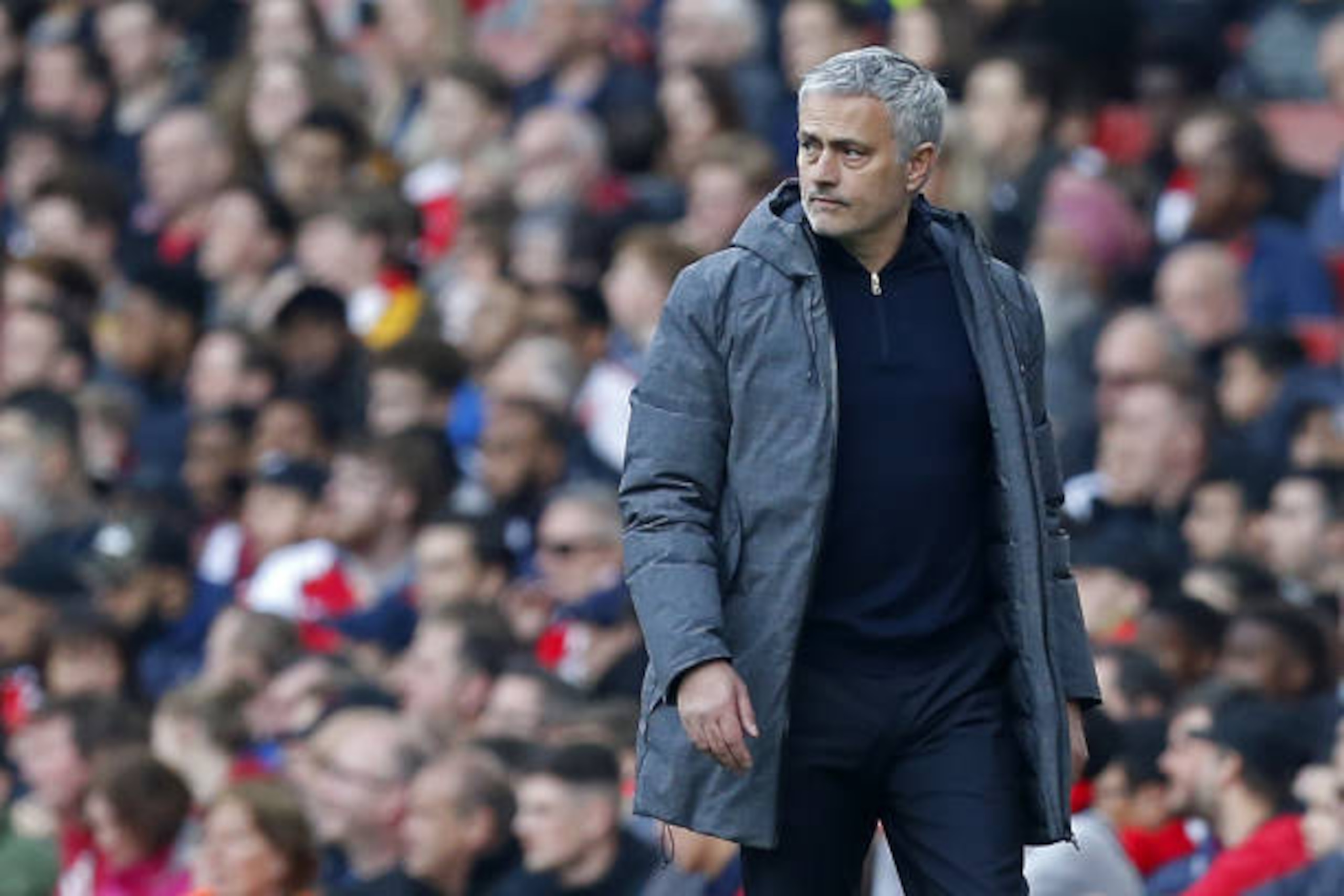 Manchester United's Portuguese manager Jose Mourinho watches from the touchline during the English Premier League football match between Arsenal and Manchester United at the Emirates Stadium in London on May 7, 2017.  / AFP PHOTO / IKIMAGES / Ian KINGTON 