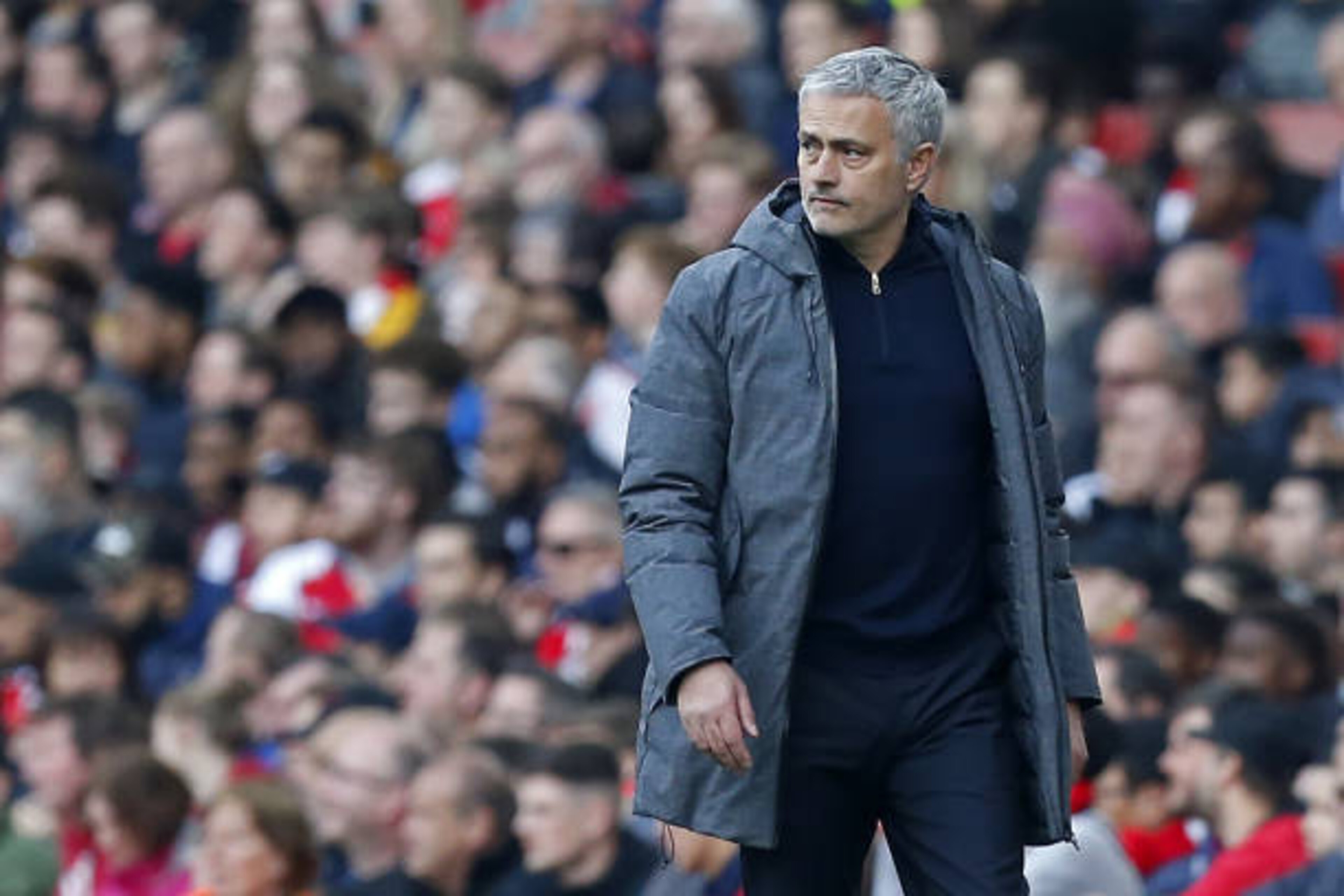 Manchester United's Portuguese manager Jose Mourinho watches from the touchline during the English Premier League football match between Arsenal and Manchester United at the Emirates Stadium in London on May 7, 2017.  / AFP PHOTO / IKIMAGES / Ian KINGTON 
