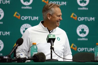 WALTHAM, MA - SEPTEMBER 26:  General manager Danny Ainge of the Boston Celtics speaks with the media during Boston Celtics Media Day on September 26, 2016 in Waltham, Massachusetts.  (Photo by Tim Bradbury/Getty Images)