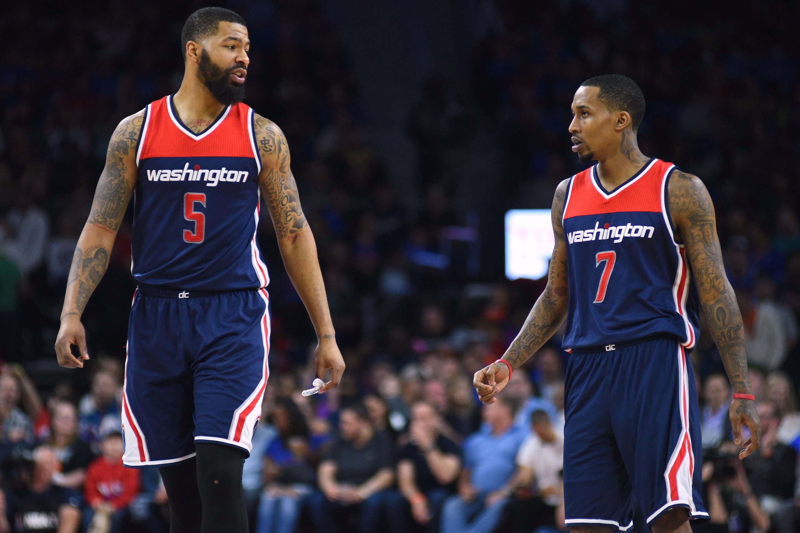 Apr 10, 2017; Auburn Hills, MI, USA; Washington Wizards forward Markieff Morris (5) and guard Brandon Jennings (7) talk during the second quarter against the Detroit Pistons at The Palace of Auburn Hills. Mandatory Credit: Tim Fuller-USA TODAY Sports