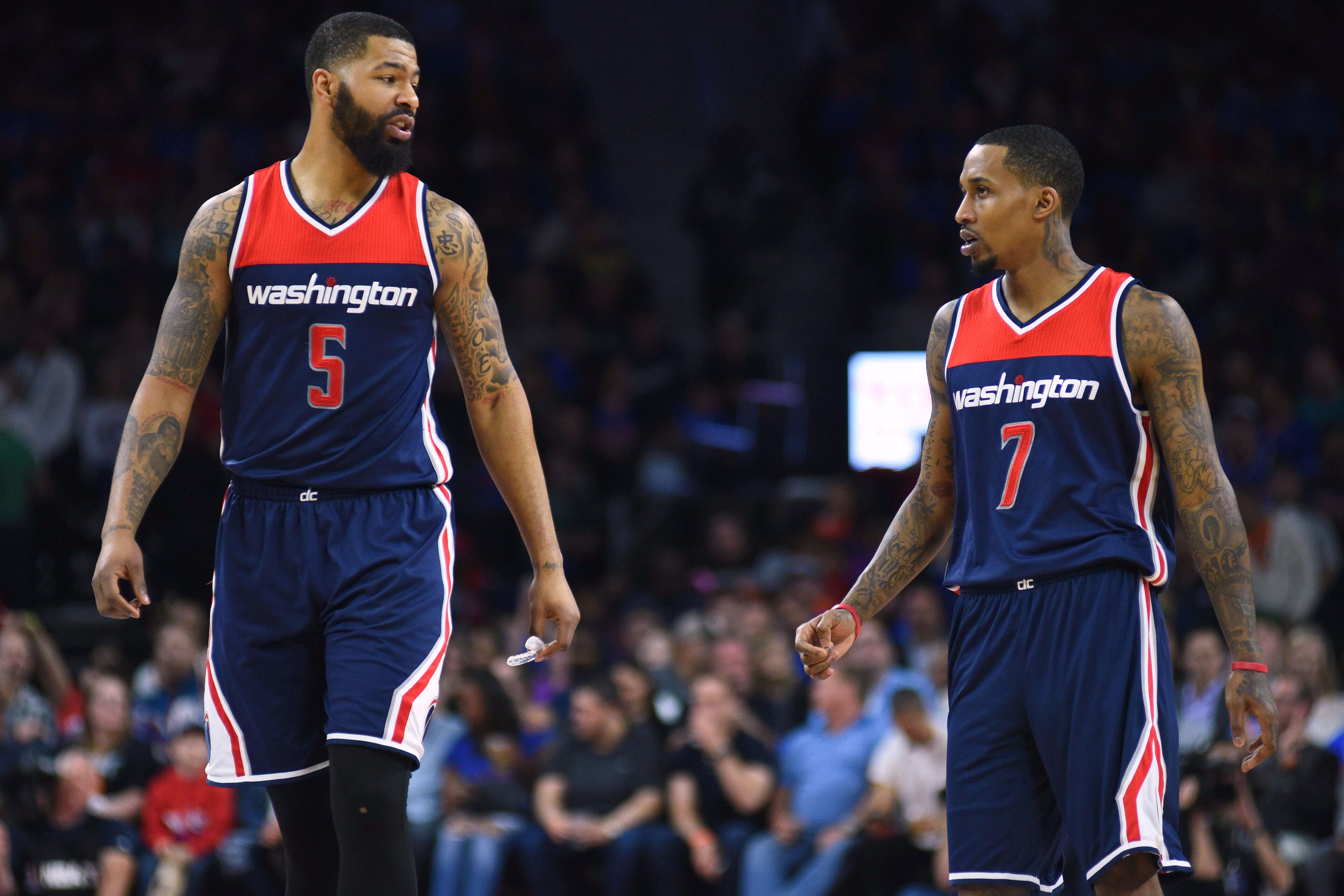 Apr 10, 2017; Auburn Hills, MI, USA; Washington Wizards forward Markieff Morris (5) and guard Brandon Jennings (7) talk during the second quarter against the Detroit Pistons at The Palace of Auburn Hills. Mandatory Credit: Tim Fuller-USA TODAY Sports