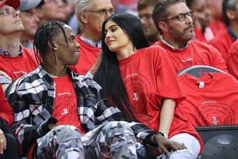 Apr 25, 2017; Houston, TX, USA; Houston rapper Travis Scott and Kylie Jenner court side at the Houston Rockets and Oklahoma City Thunder game five of the first round of the 2017 NBA Playoffs at Toyota Center. Mandatory Credit: Thomas B. Shea-USA TODAY Spo