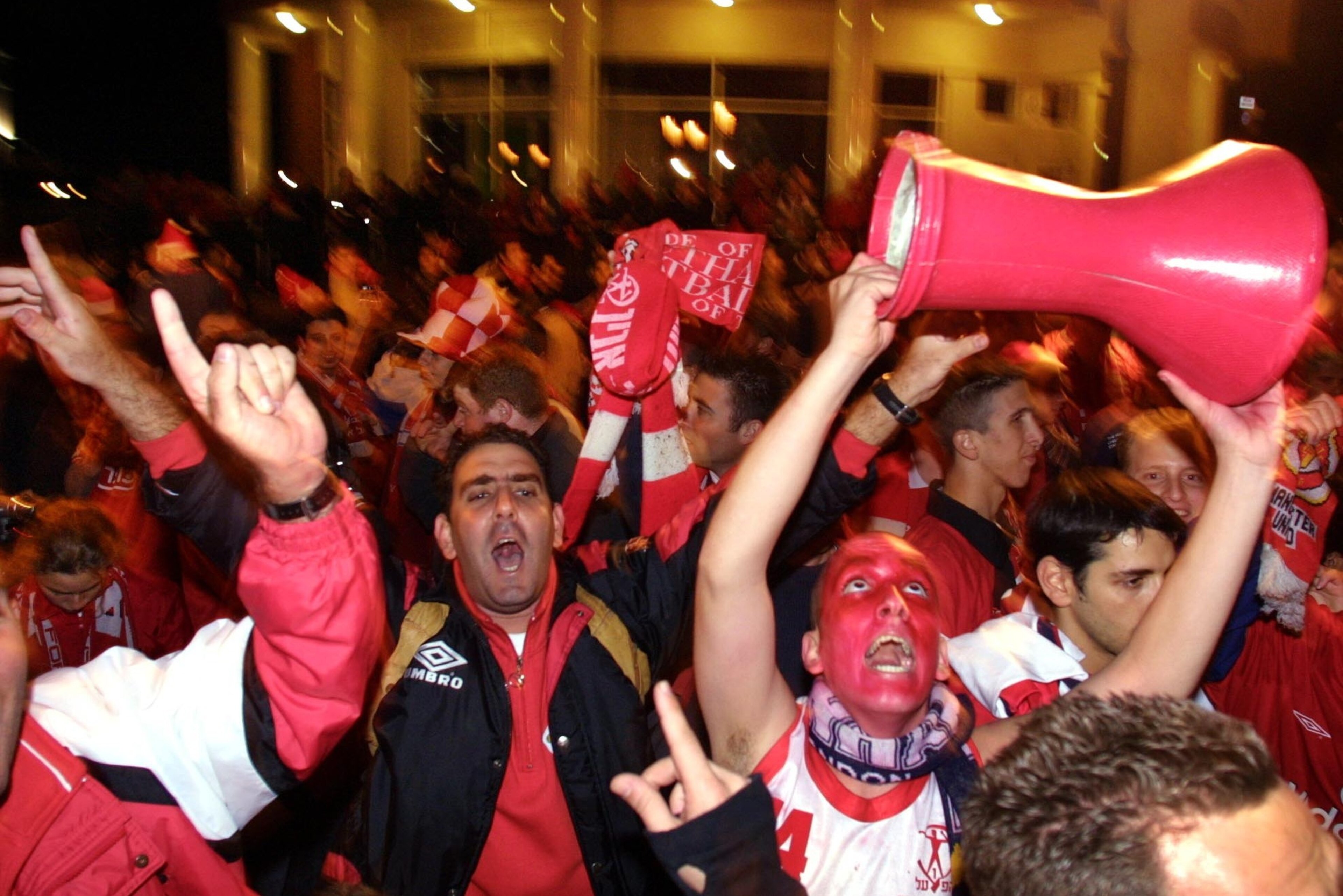 Hapoel Tel Aviv fans in London celebrate knocking Chelsea out of the 2001-02 UEFA Cup