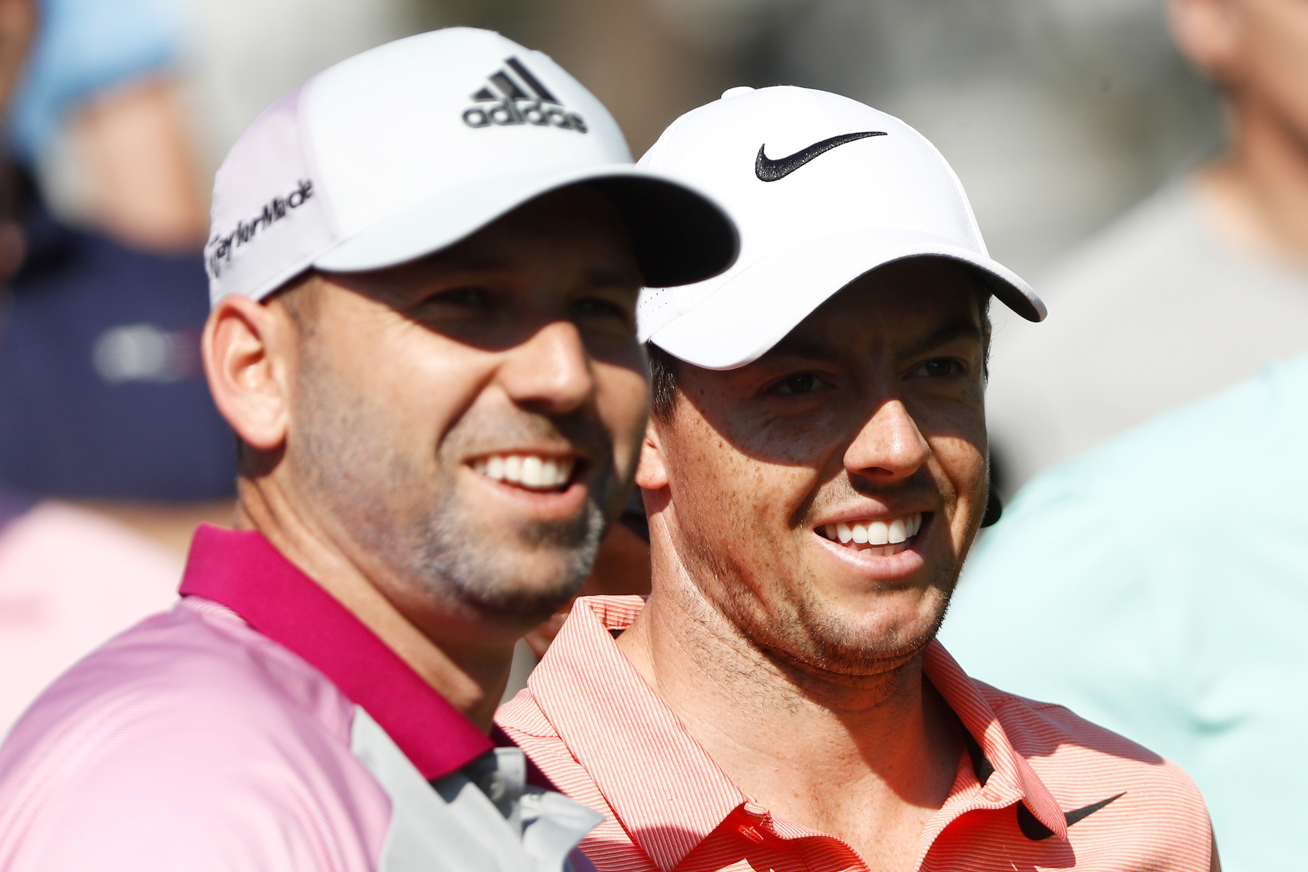 PONTE VEDRA BEACH, FL - MAY 10:  Sergio Garcia of Spain and Rory McIlroy of Northern Ireland look on during a practice round prior to the THE PLAYERS Championship at the Stadium course at TPC Sawgrass on May 10, 2017 in Ponte Vedra Beach, Florida.  (Photo