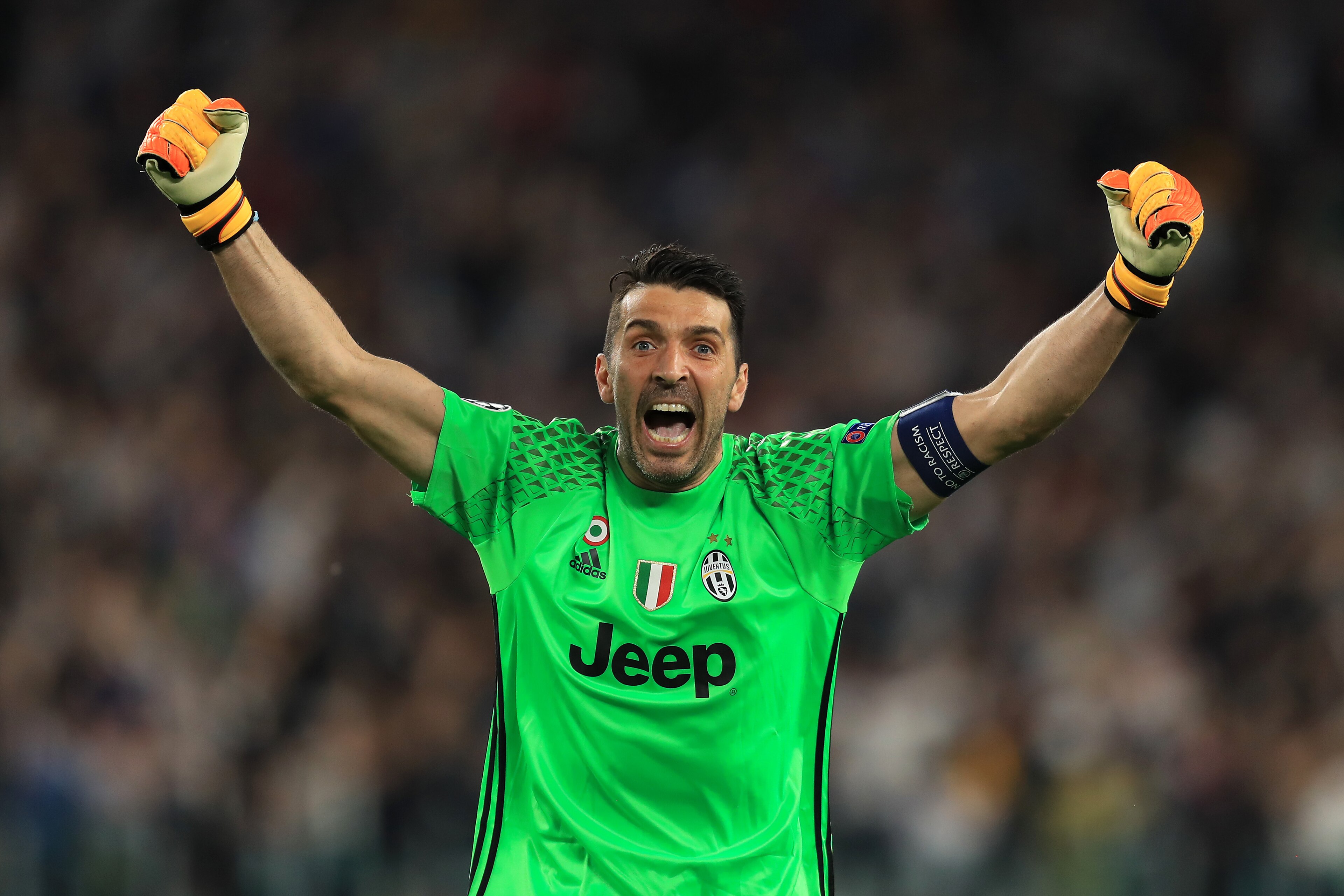 TURIN, ITALY - MAY 09:  Gianluigi Buffon of Juventus celebrates the first goal during the UEFA Champions League Semi Final second leg match between Juventus and AS Monaco at Juventus Stadium on May 9, 2017 in Turin, Italy.  (Photo by Richard Heathcote/Get