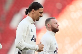 MANCHESTER, ENGLAND - APRIL 01: Zlatan Ibrahimovic of Manchester United and Wayne Rooney in an after match training session during the Premier League match between Manchester United and West Bromwich Albion at Old Trafford on April 1, 2017 in Manchester, 