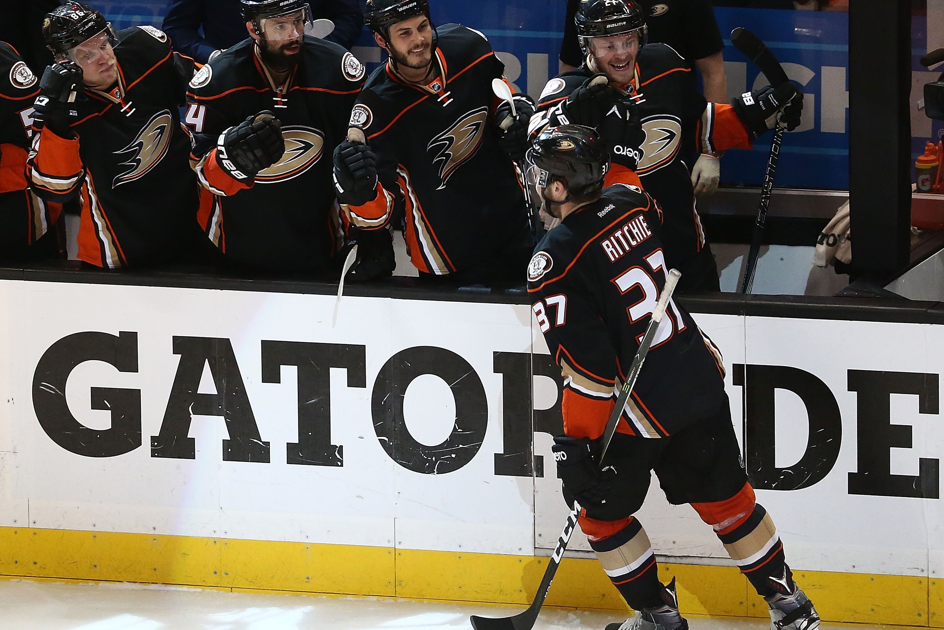 ANAHEIM, CA - MAY 10:  Nick Ritchie #37 of the Anaheim Ducks celebrates scoring the go-ahead goal against the Edmonton Oilers in Game Seven of the Western Conference Second Round during the 2017 NHL Stanley Cup Playoffs at Honda Center on May 10, 2017 in 