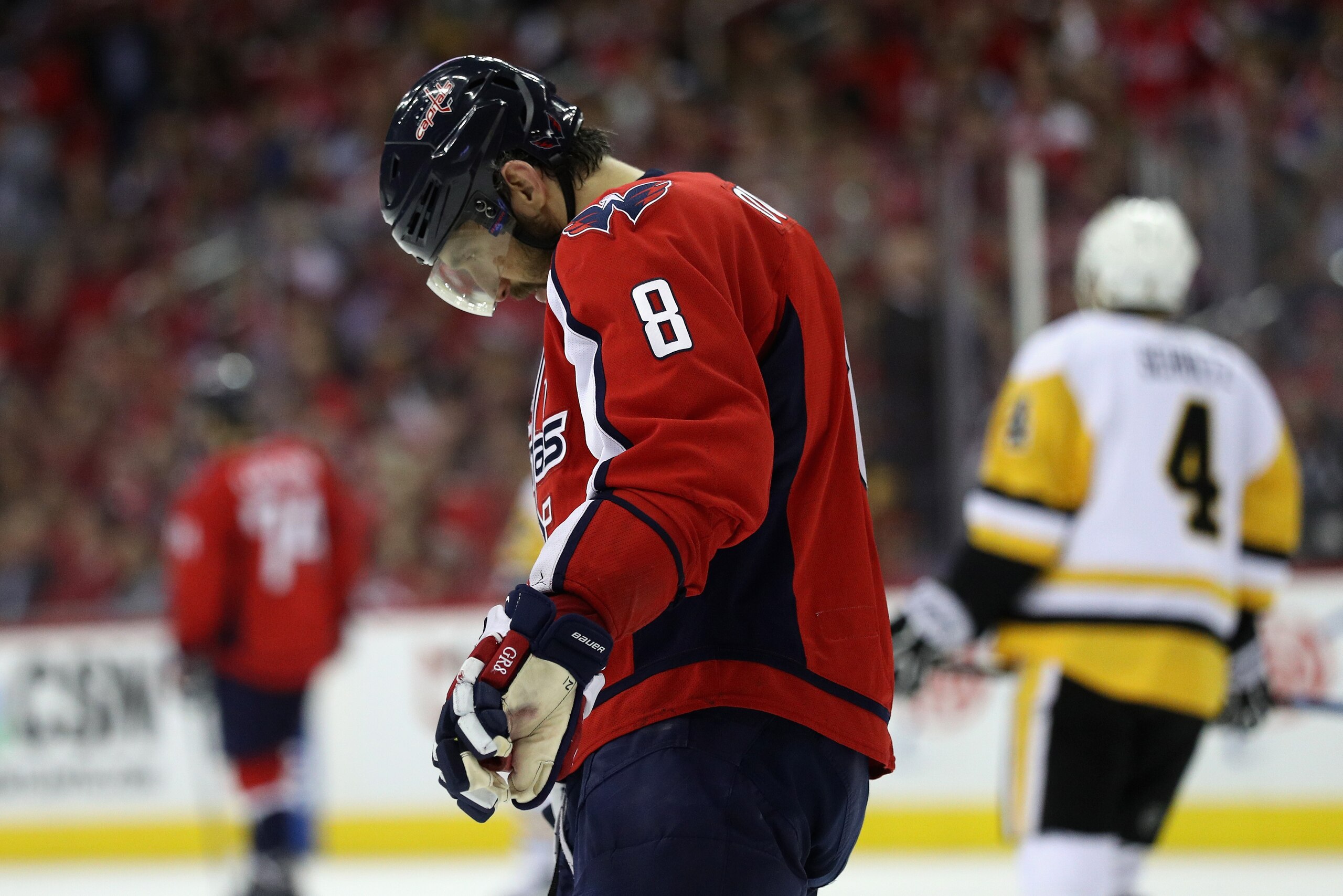 WASHINGTON, DC - MAY 10:  Alex Ovechkin #8 of the Washington Capitals skates on the ice in the first period against the Pittsburgh Penguins in Game Seven of the Eastern Conference Second Round during the 2017 NHL Stanley Cup Playoffs at Verizon Center on 