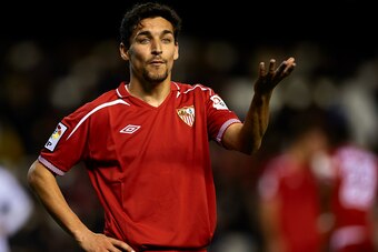 VALENCIA, SPAIN - JANUARY 12:  Jesus Navas of Sevilla reacts during the La Liga match between Valencia and Sevilla at Estadio Mestalla on January 12, 2013 in Valencia, Spain.  (Photo by Manuel Queimadelos Alonso/Getty Images)