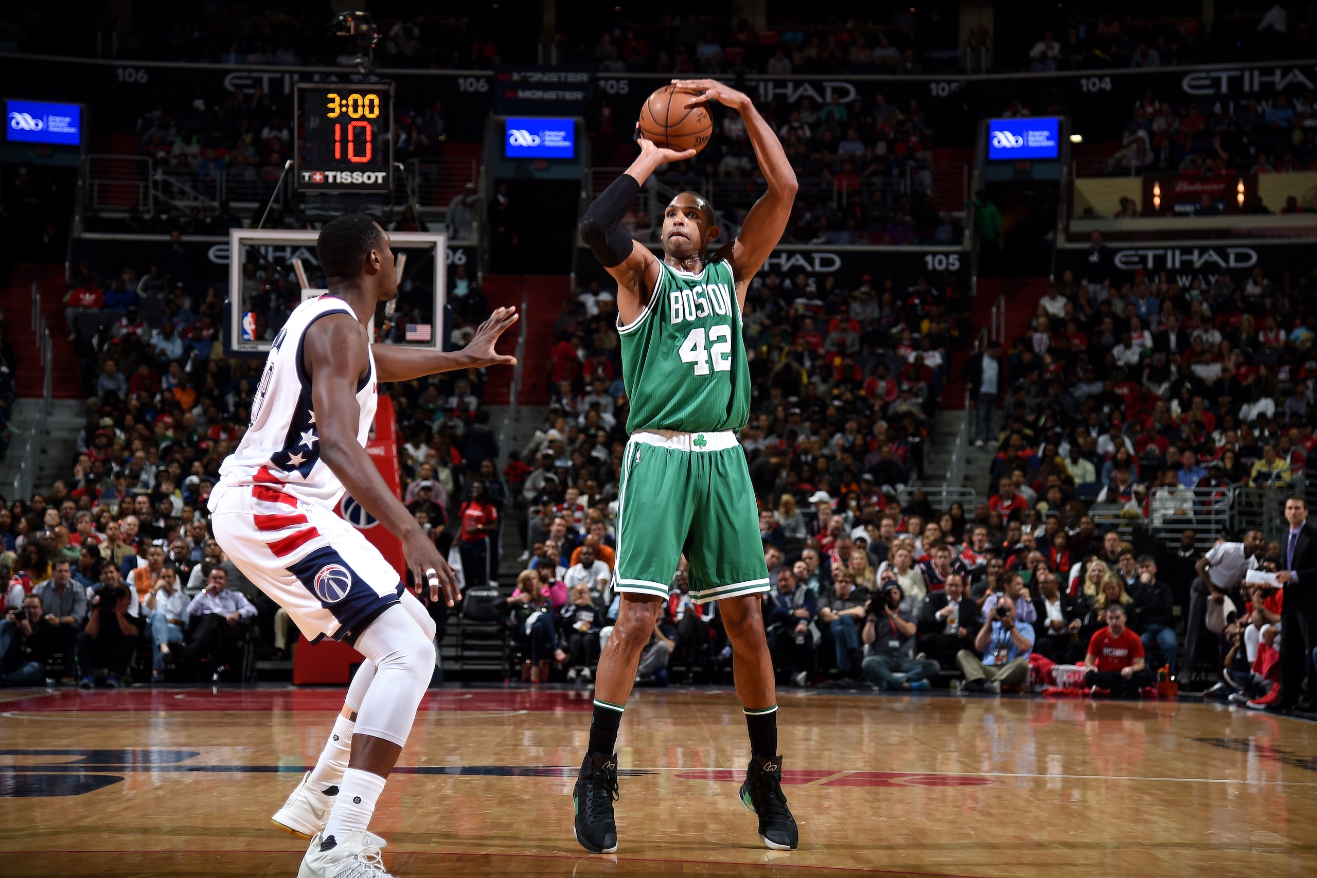 WASHINGTON, DC -  MAY 4: Al Horford #42 of the Boston Celtics shoots the ball during the game against the Washington Wizards during Game Three of the Eastern Conference Semifinals of the 2017 NBA Playoffs on May 4, 2017 at Verizon Center in Washington, DC