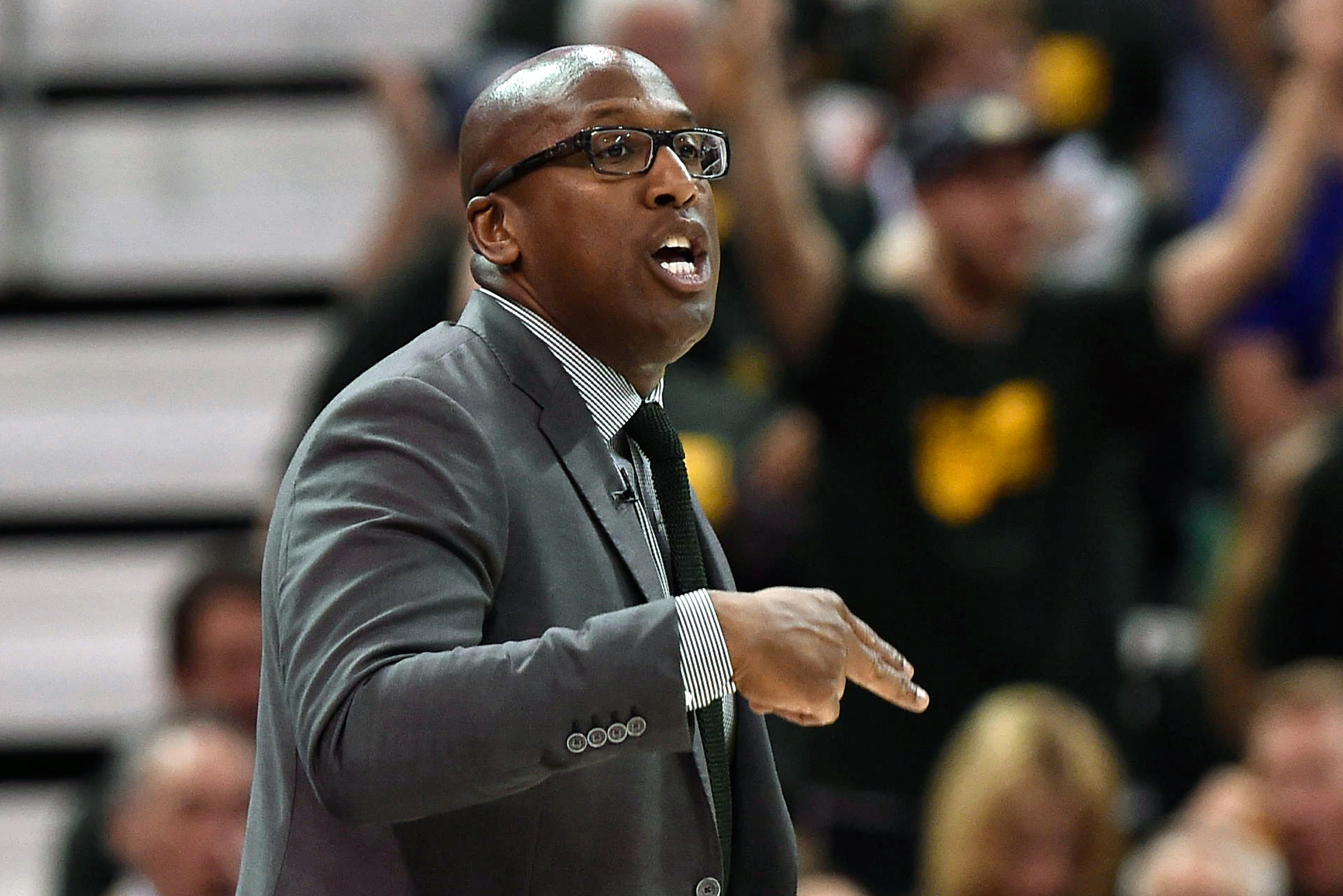 SALT LAKE CITY, UT - MAY 6: Acting head coach Mike Brown of the Golden State Warriors gestures on the sideline against the Utah Jazz in Game Three of the Western Conference Semifinals during the 2017 NBA Playoffs at Vivint Smart Home Arena on May 6, 2017 